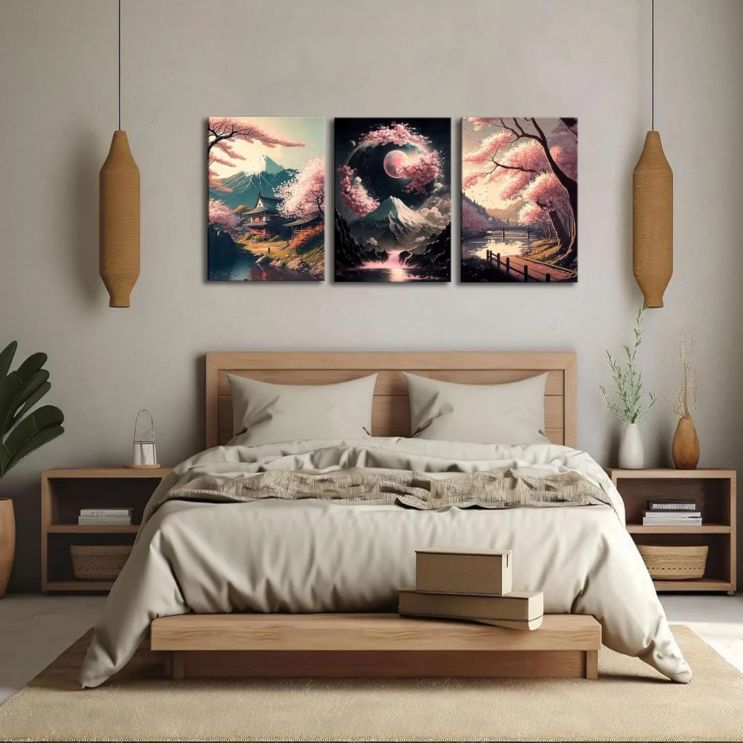 3Pcs Japanese Canvas Wall Art Cherry Blossom Lake Landscape Wall Decor Pictures Japan Mount Fuji Art Posters Prints for Living Room Bedroom Home Decoration Ready to hang
