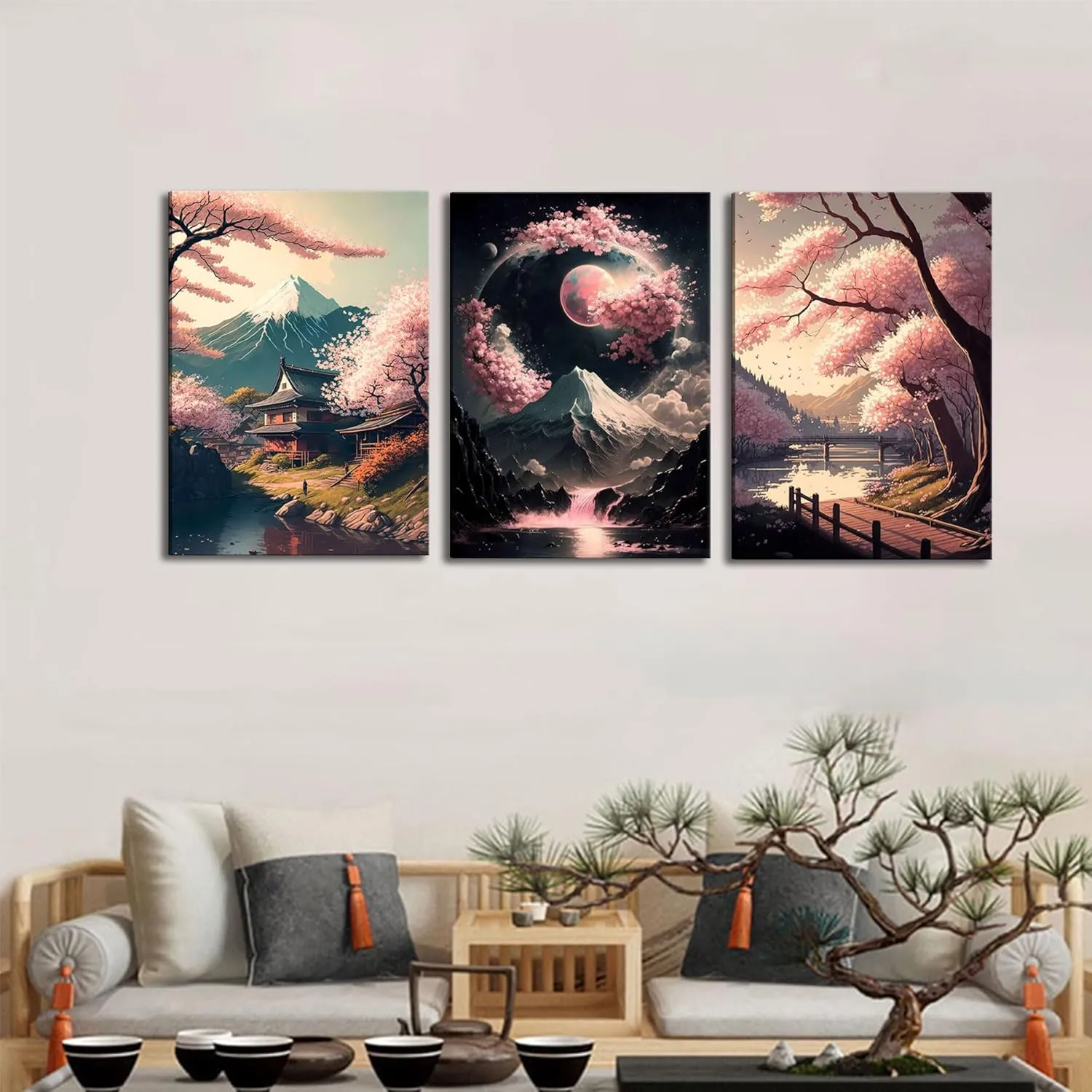 3Pcs Japanese Canvas Wall Art Cherry Blossom Lake Landscape Wall Decor Pictures Japan Mount Fuji Art Posters Prints for Living Room Bedroom Home Decoration Ready to hang