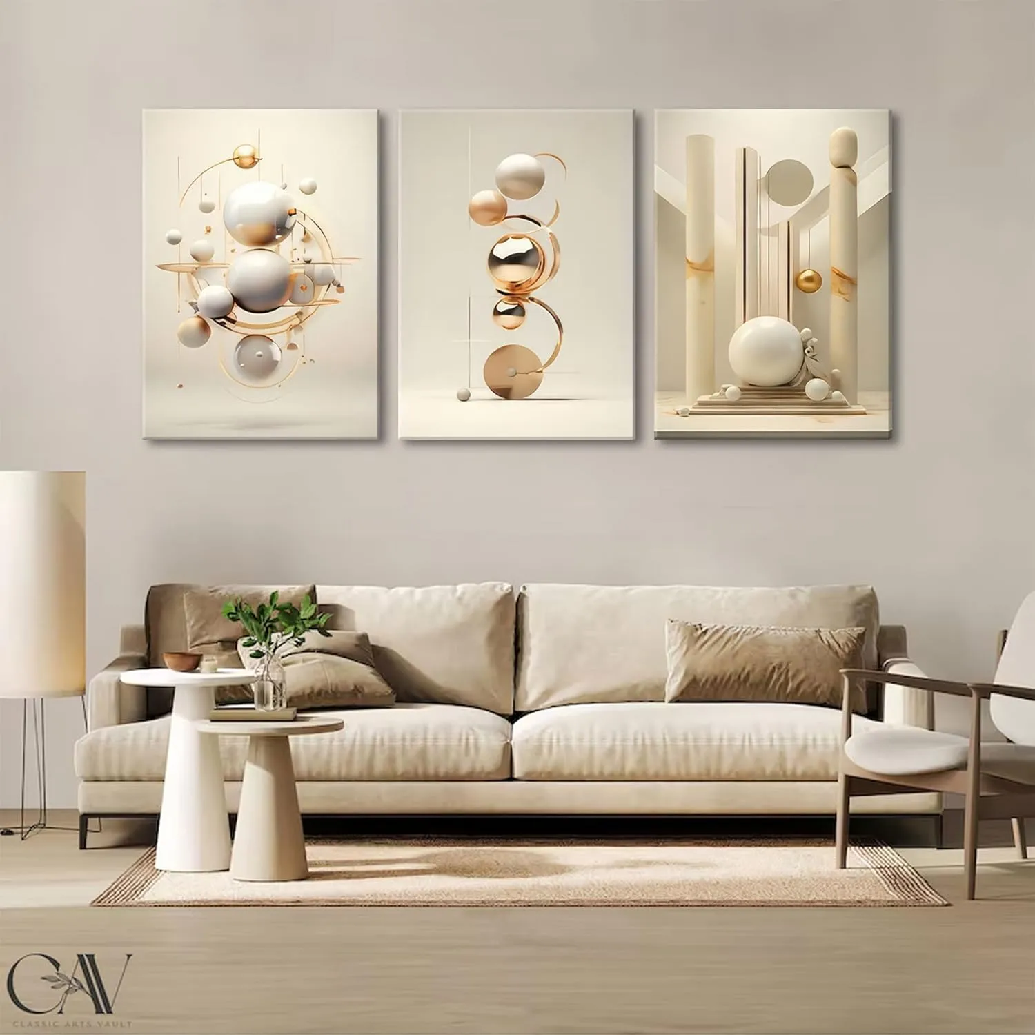 3pcs Modern Three-Dimensional Geometric Spheres Canvas Wall Art Abstract Luxury Beige Gold Wall Decor Pictures Minimalist Medieval Posters Prints for Bedroom Living Room Office Scene Home Decoration