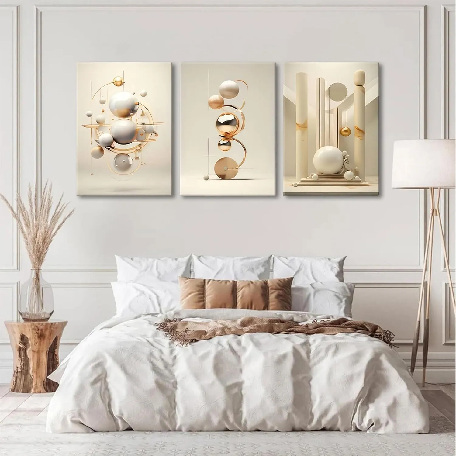 3pcs Modern Three-Dimensional Geometric Spheres Canvas Wall Art Abstract Luxury Beige Gold Wall Decor Pictures Minimalist Medieval Posters Prints for Bedroom Living Room Office Scene Home Decoration