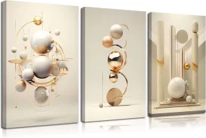 3pcs Modern Three-Dimensional Geometric Spheres Canvas Wall Art Abstract Luxury Beige Gold Wall Decor Pictures Minimalist Medieval Posters Prints for Bedroom Living Room Office Scene Home Decoration