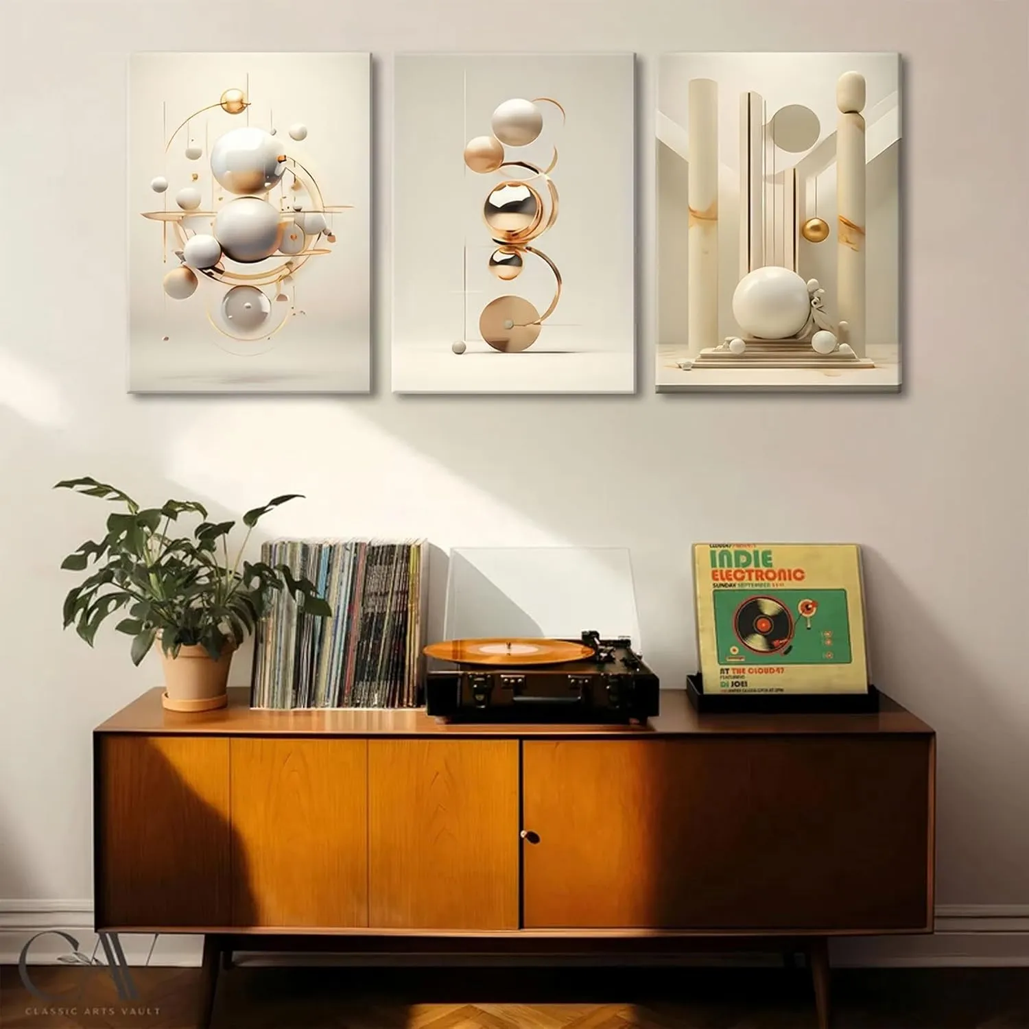 3pcs Modern Three-Dimensional Geometric Spheres Canvas Wall Art Abstract Luxury Beige Gold Wall Decor Pictures Minimalist Medieval Posters Prints for Bedroom Living Room Office Scene Home Decoration