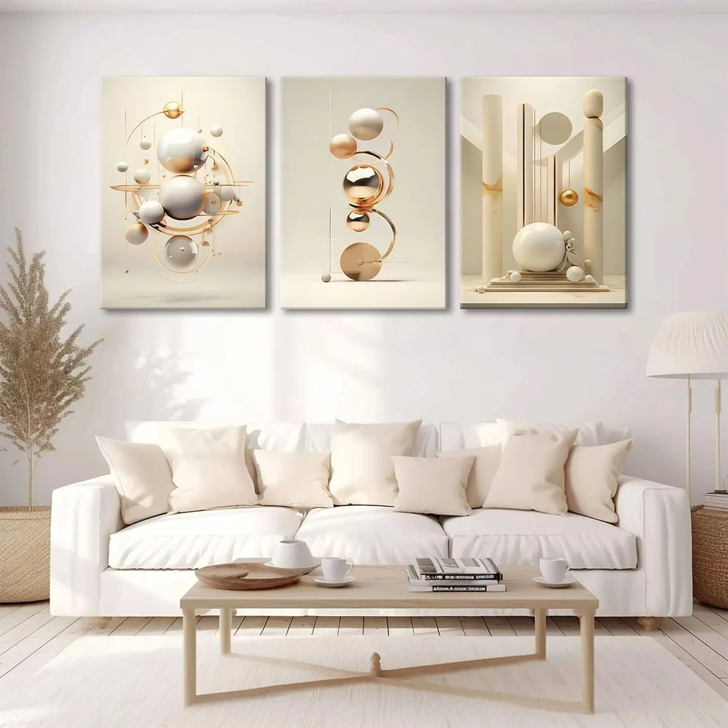 3pcs Modern Three-Dimensional Geometric Spheres Canvas Wall Art Abstract Luxury Beige Gold Wall Decor Pictures Minimalist Medieval Posters Prints for Bedroom Living Room Office Scene Home Decoration
