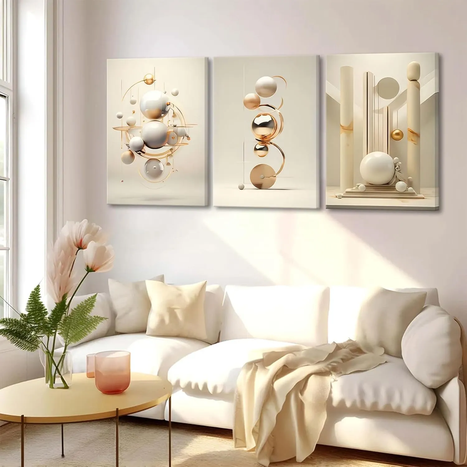3pcs Modern Three-Dimensional Geometric Spheres Canvas Wall Art Abstract Luxury Beige Gold Wall Decor Pictures Minimalist Medieval Posters Prints for Bedroom Living Room Office Scene Home Decoration