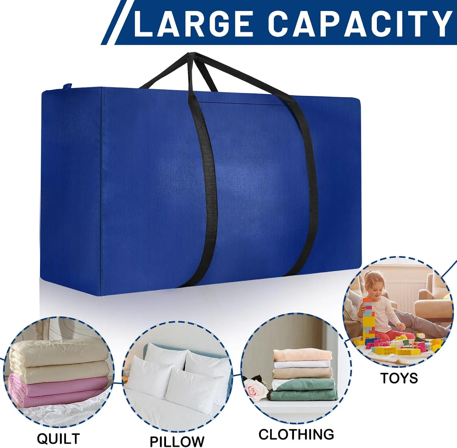 4 Pack 120L Large Storage Bags, Extra Large Moving Bags with Zips for Moving House Storage Clothes Bedding Comforter Quilt Blankets Jumbo Storage Bags Moving Totes Blue