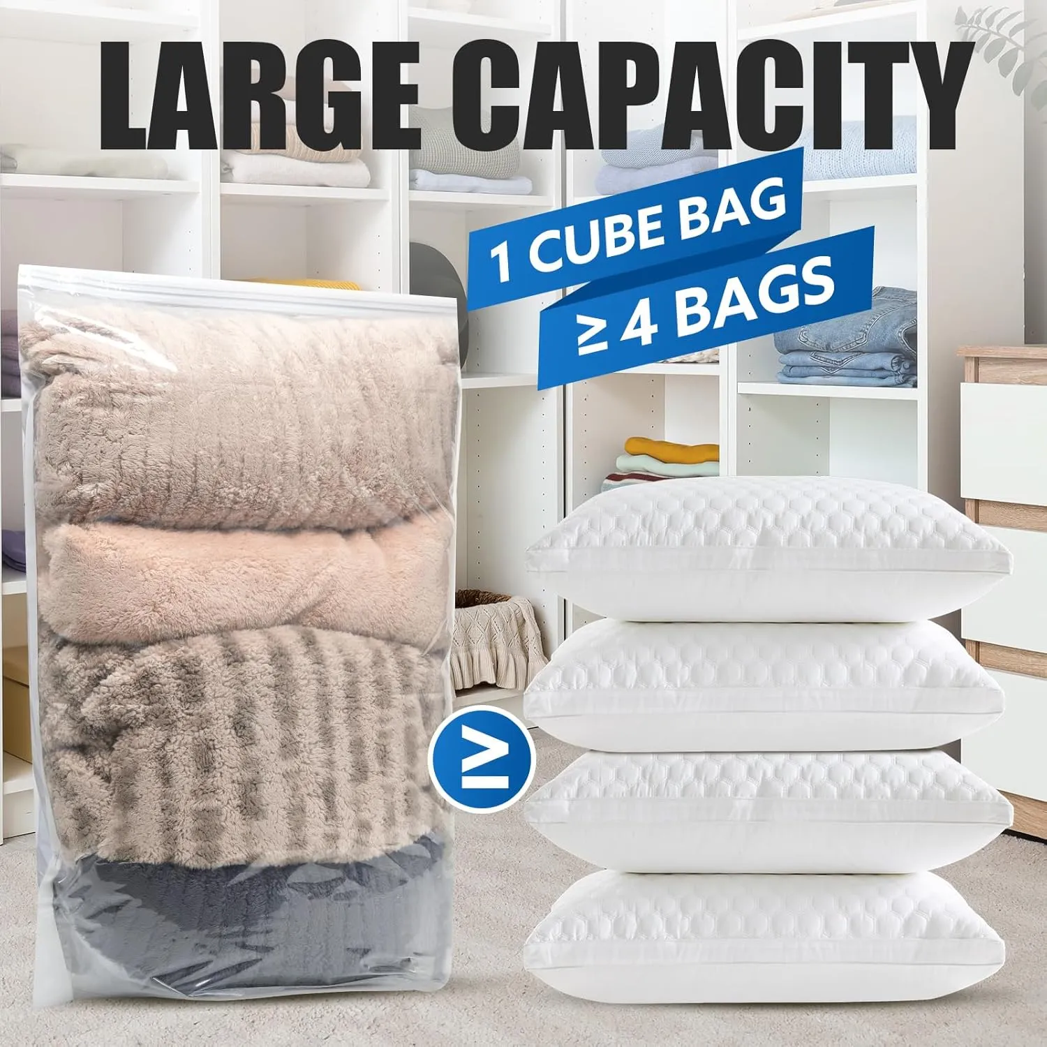 4 Pack Extra Large Thickened Cube Vacuum Seal Storage Bags, Space Saver Compression Storage Bags for Clothing Comforters Pillows Blankets, No Pump Needed