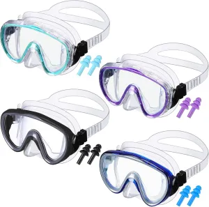 4 Pcs Adult Swim Goggles Swimming Goggles with 4 Pair Earplugs Anti Fog Snorkel Mask Clear View Tempered Glass Scuba Mask Waterproof Diving Mask with Nose Cover for Adult Men Women