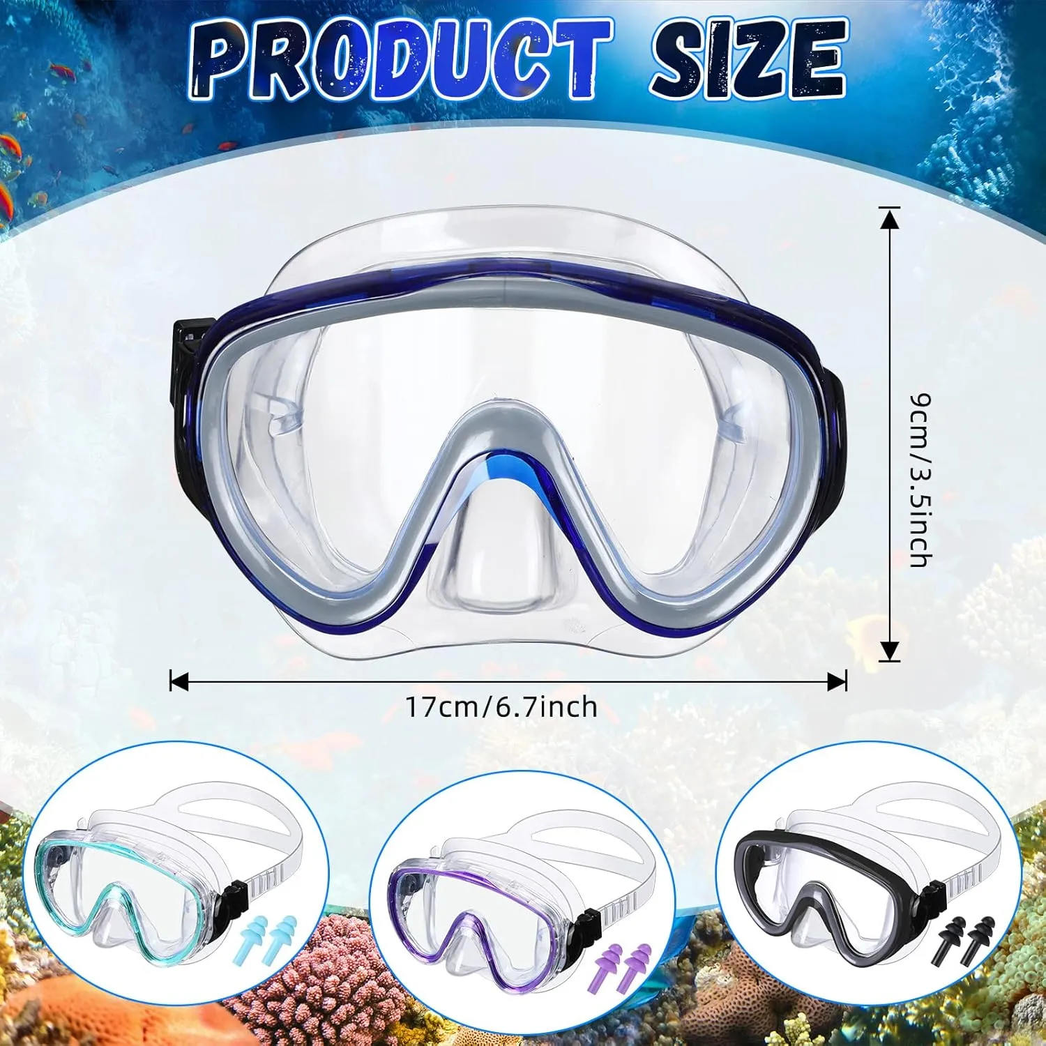 4 Pcs Adult Swim Goggles Swimming Goggles with 4 Pair Earplugs Anti Fog Snorkel Mask Clear View Tempered Glass Scuba Mask Waterproof Diving Mask with Nose Cover for Adult Men Women
