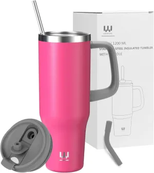 40 oz Insulated Tumbler with Handle, Stainless Steel Straw and silicone sleeves, Leakproof Travel Mug for Water, Iced Tea or Coffee, Insulated Cup Gifts for Women & Men, Strawberry Red