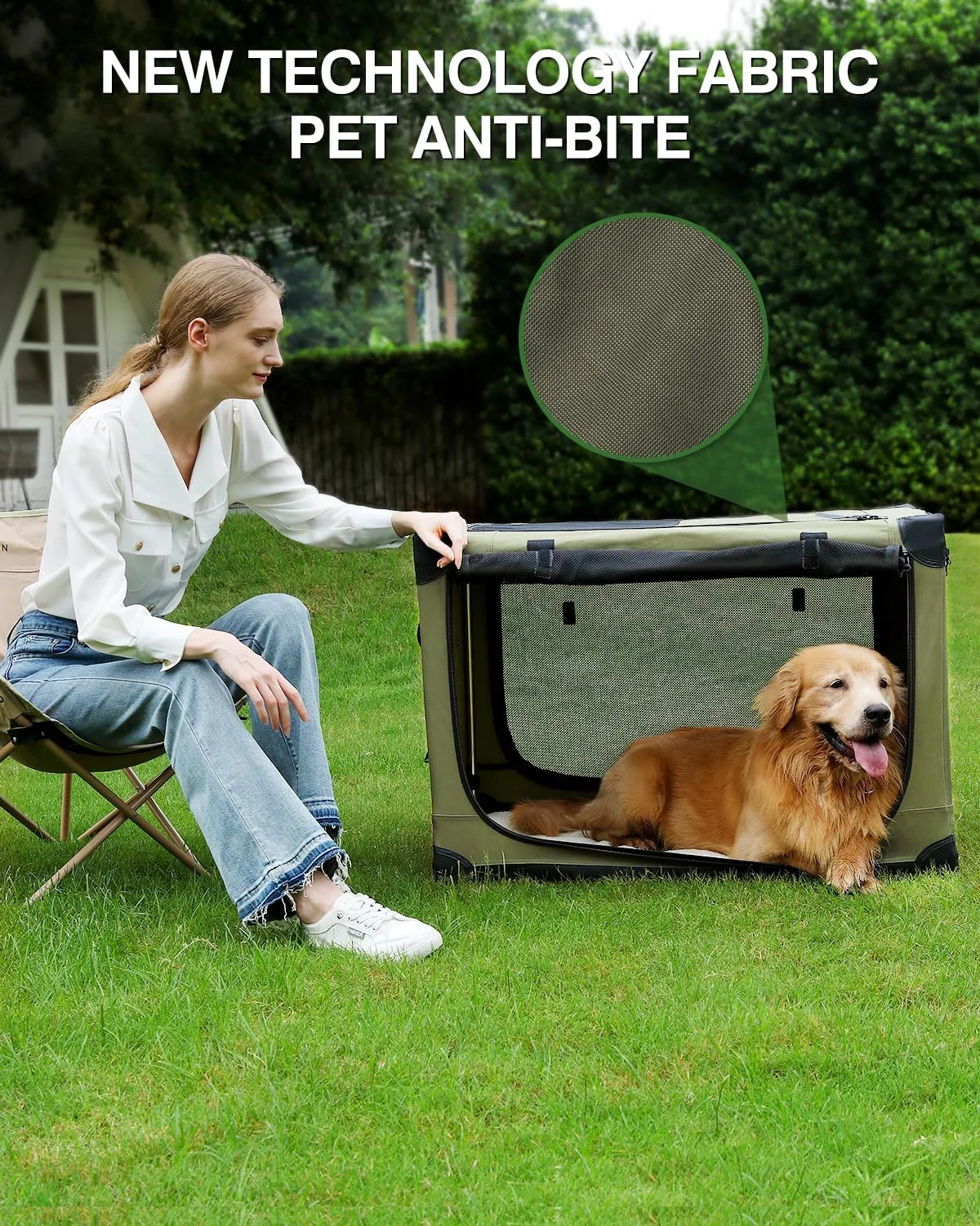 42-Inch Collapsible Travel Dog Crate, Portable 4-Door Soft Kennel for Medium to Large Dogs, Chew-Proof Mesh Windows, Indoor/Outdoor Use, Foldable, with Storage Bag (Green)