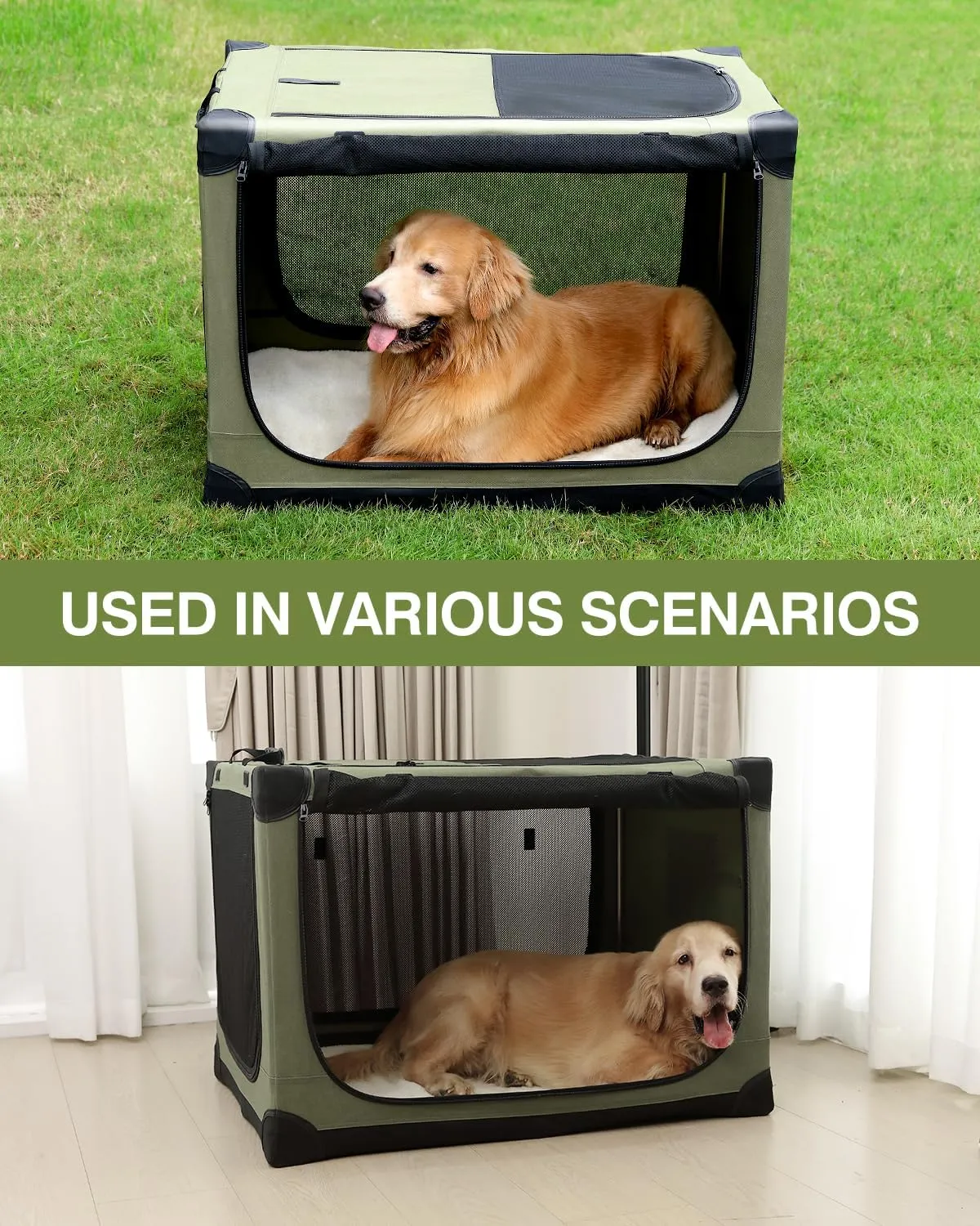 42-Inch Collapsible Travel Dog Crate, Portable 4-Door Soft Kennel for Medium to Large Dogs, Chew-Proof Mesh Windows, Indoor/Outdoor Use, Foldable, with Storage Bag (Green)