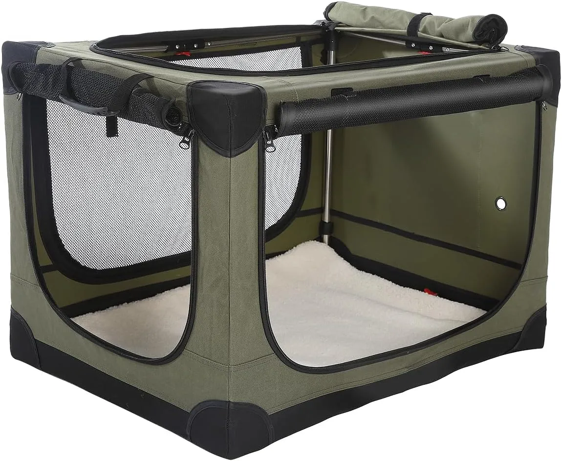 42-Inch Collapsible Travel Dog Crate, Portable 4-Door Soft Kennel for Medium to Large Dogs, Chew-Proof Mesh Windows, Indoor/Outdoor Use, Foldable, with Storage Bag (Green)