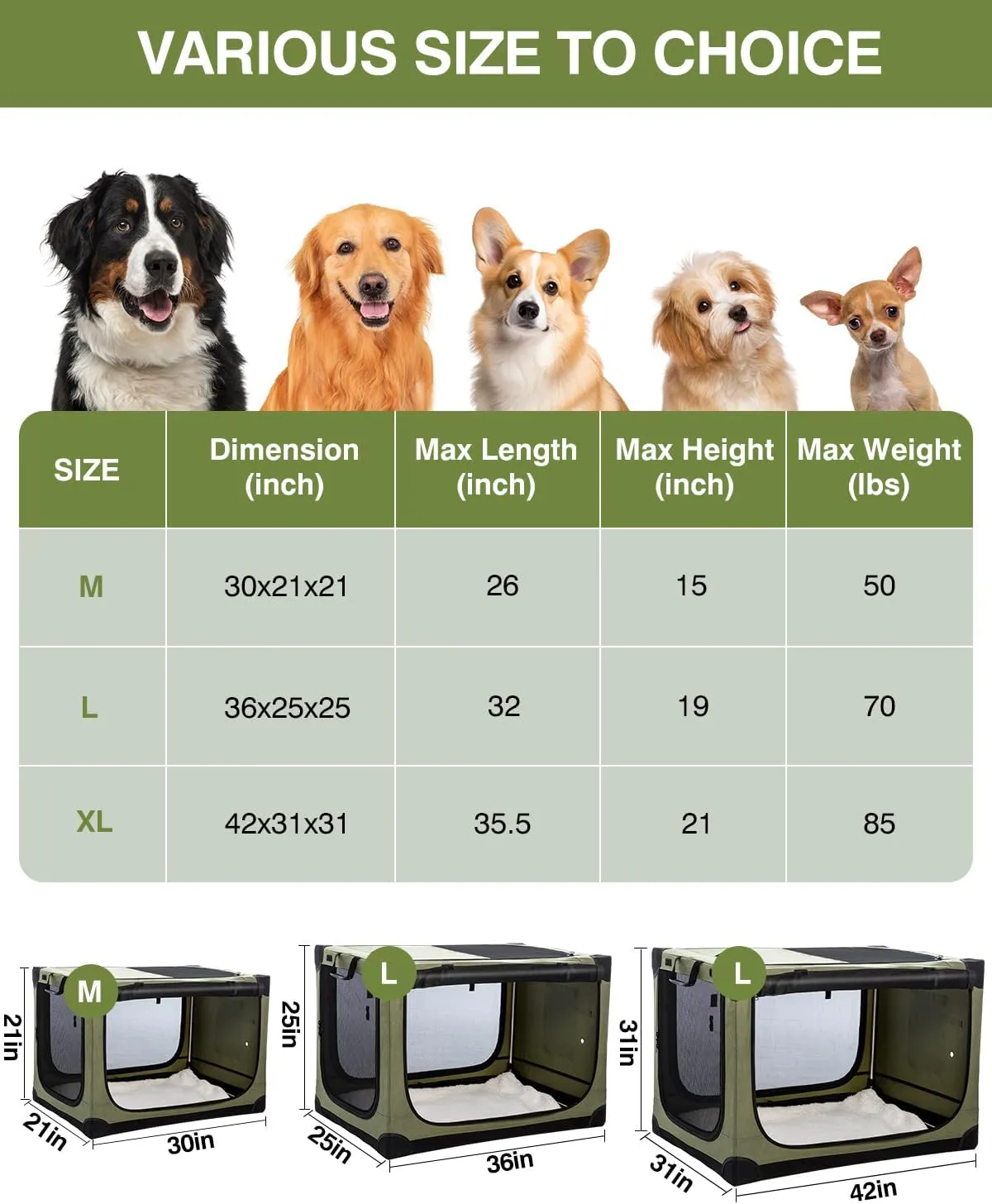 42-Inch Collapsible Travel Dog Crate, Portable 4-Door Soft Kennel for Medium to Large Dogs, Chew-Proof Mesh Windows, Indoor/Outdoor Use, Foldable, with Storage Bag (Green)