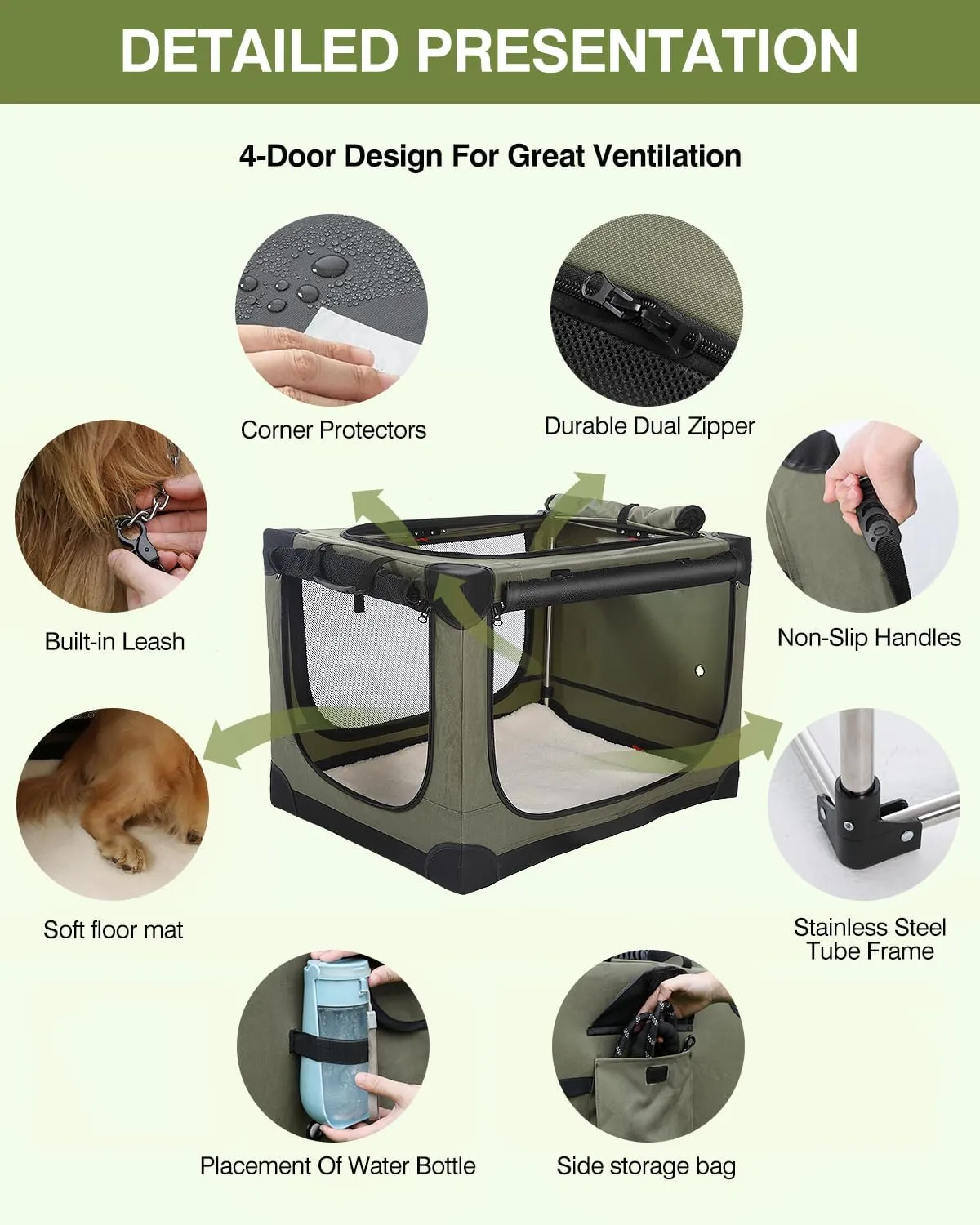 42-Inch Collapsible Travel Dog Crate, Portable 4-Door Soft Kennel for Medium to Large Dogs, Chew-Proof Mesh Windows, Indoor/Outdoor Use, Foldable, with Storage Bag (Green)