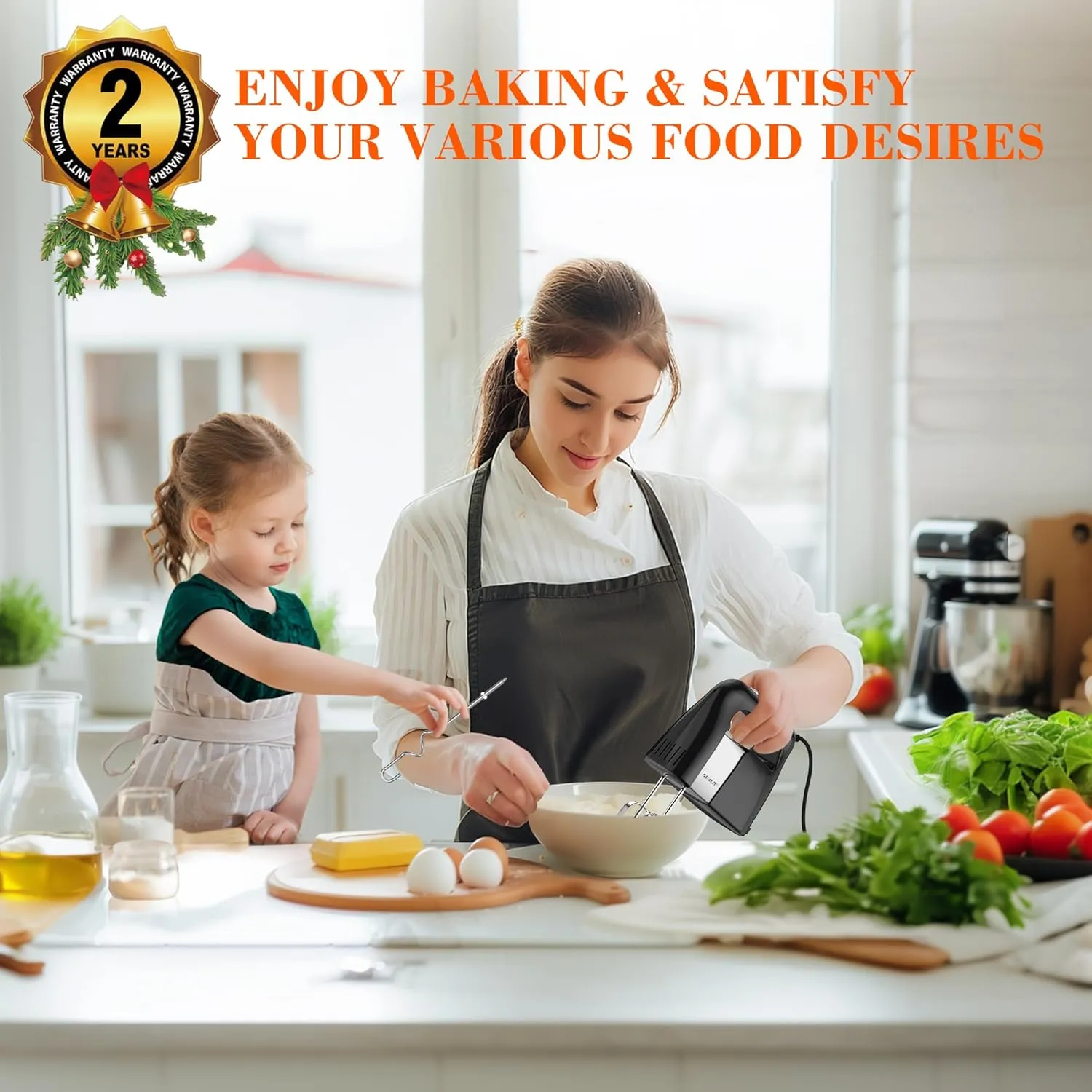 450W Electric Hand Mixer, 5-Speed Large Handheld Mixer Food Mixer with 304 Stainless Steel Beaters, Dough Hooks & Storage Bag, Kitchen Blender for Baking & Cooking, Turbo Boost/Black