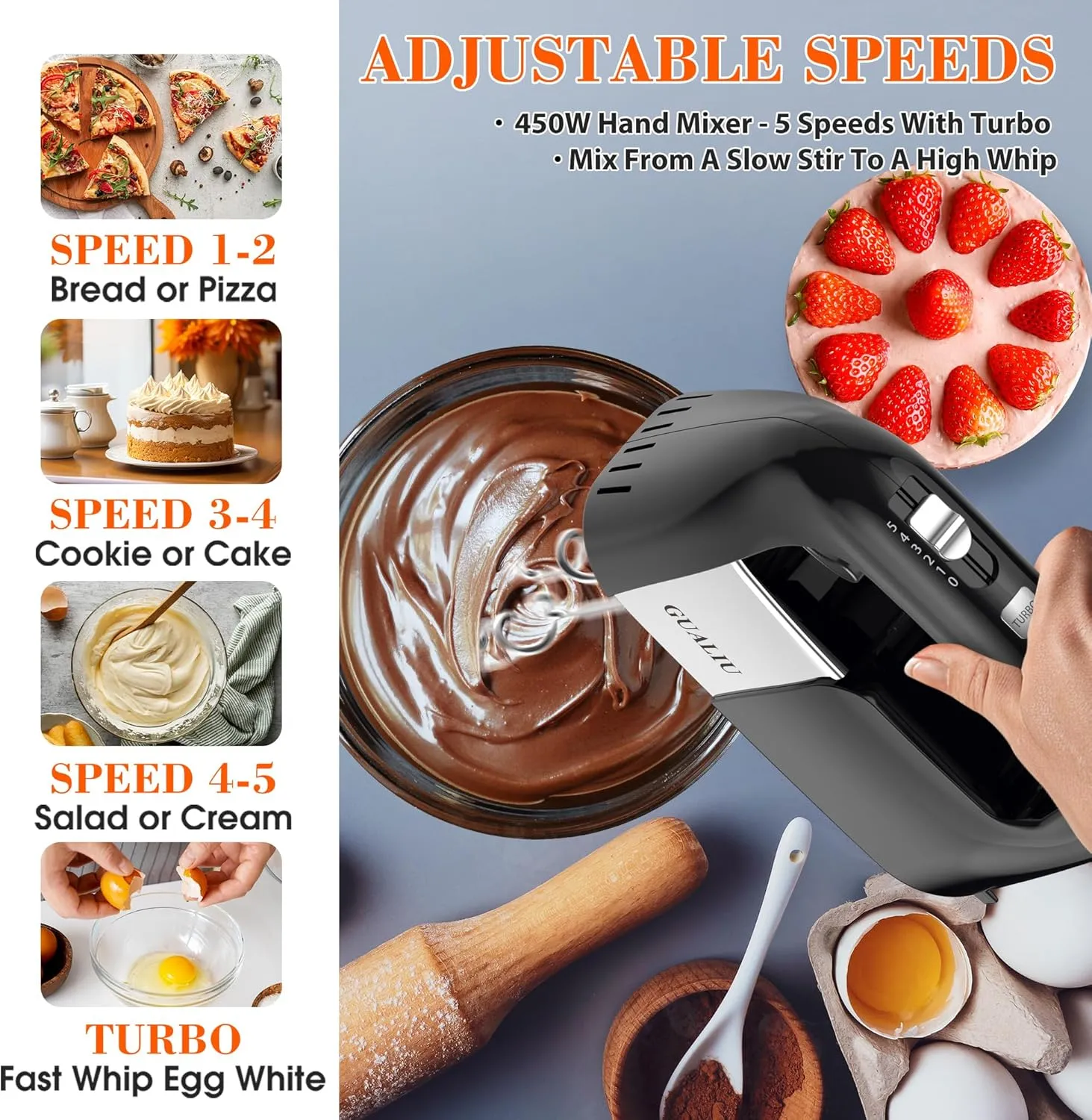 450W Electric Hand Mixer, 5-Speed Large Handheld Mixer Food Mixer with 304 Stainless Steel Beaters, Dough Hooks & Storage Bag, Kitchen Blender for Baking & Cooking, Turbo Boost/Black