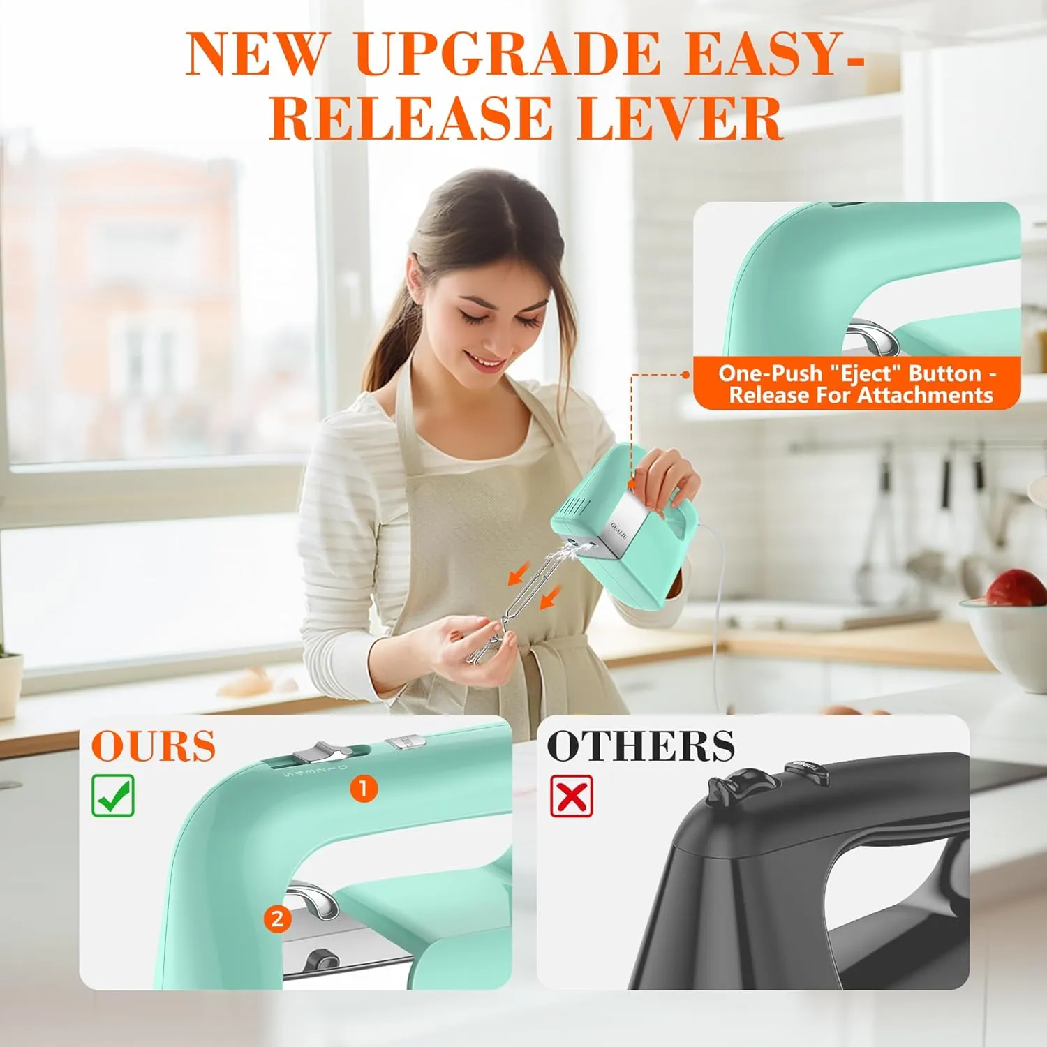 450W Hand Mixer Electric, 5-Speed Large Handheld Mixer Food Mixer with 304 Stainless Steel Beaters, Dough Hooks & Storage Bag, Electric Kitchen Mixer for Baking & Cooking, Turbo Boost/Aqua Sky