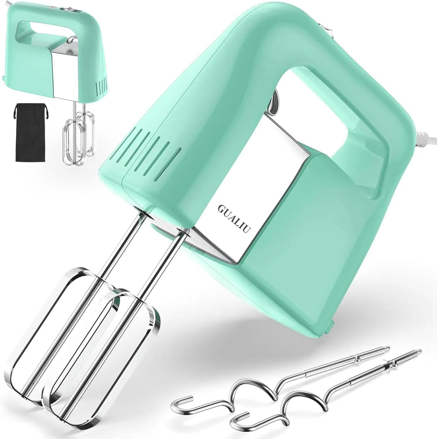 450W Hand Mixer Electric, 5-Speed Large Handheld Mixer Food Mixer with 304 Stainless Steel Beaters, Dough Hooks & Storage Bag, Electric Kitchen Mixer for Baking & Cooking, Turbo Boost/Aqua Sky