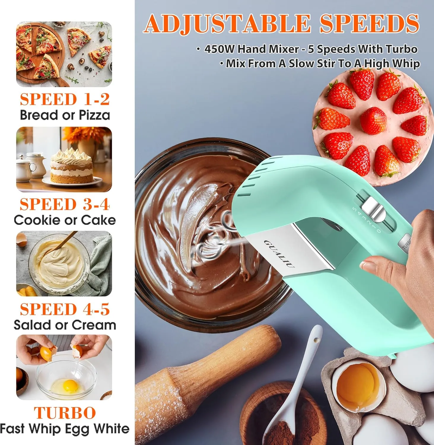 450W Hand Mixer Electric, 5-Speed Large Handheld Mixer Food Mixer with 304 Stainless Steel Beaters, Dough Hooks & Storage Bag, Electric Kitchen Mixer for Baking & Cooking, Turbo Boost/Aqua Sky