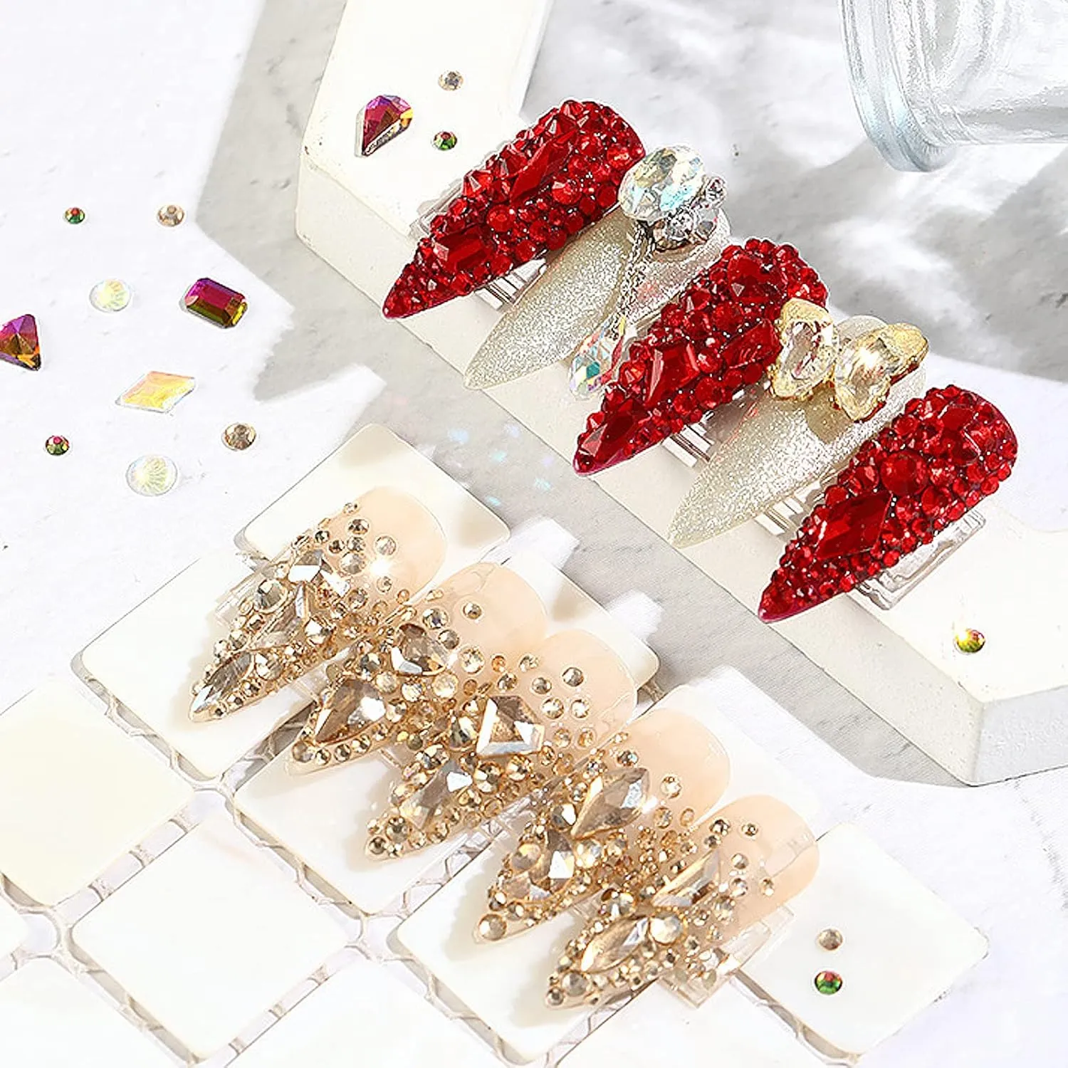 4880Pcs Champagne Rhinestones for Nails, Gold Crystal Nail Rhinestones Round Beads Flatback Glass Gems Stones, Multi Shapes Rhinestones 3D Nail Crystals for Nail Art DIY Crafts Clothes Shoes Jewelry