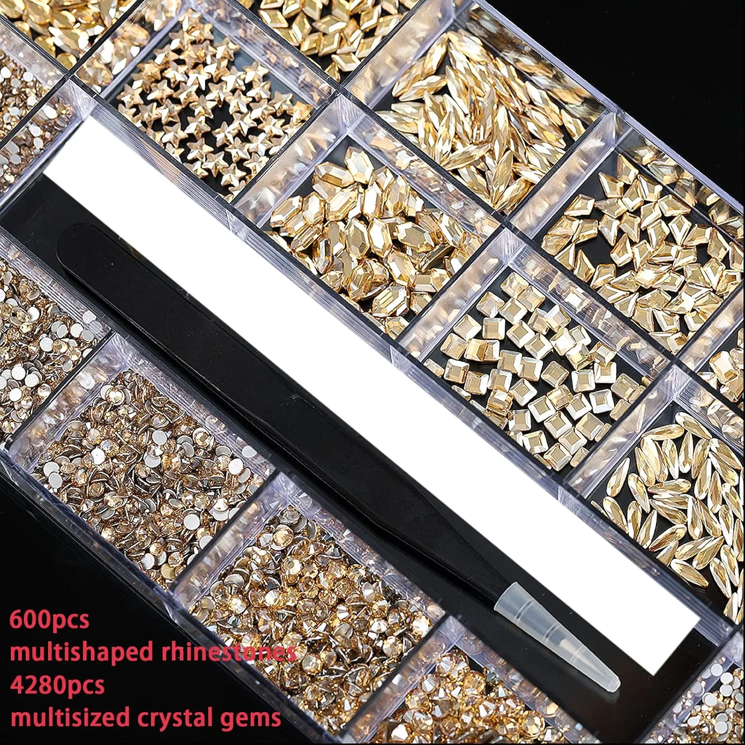 4880Pcs Champagne Rhinestones for Nails, Gold Crystal Nail Rhinestones Round Beads Flatback Glass Gems Stones, Multi Shapes Rhinestones 3D Nail Crystals for Nail Art DIY Crafts Clothes Shoes Jewelry