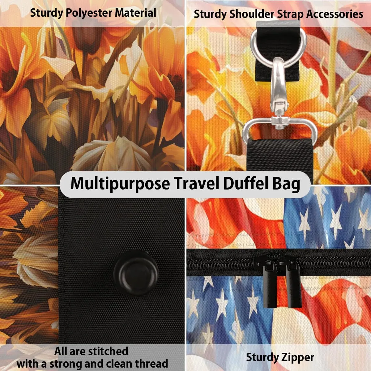4th of July Flower Pattern Travel Duffel Bag for Women Men Waterproof Foldable Overnight Weekender Bag Large Capacity Sports Gym Bag