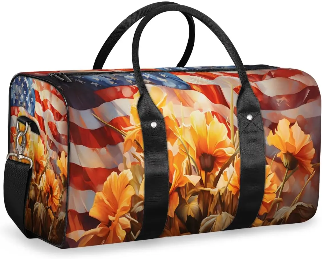 4th of July Flower Pattern Travel Duffel Bag for Women Men Waterproof Foldable Overnight Weekender Bag Large Capacity Sports Gym Bag
