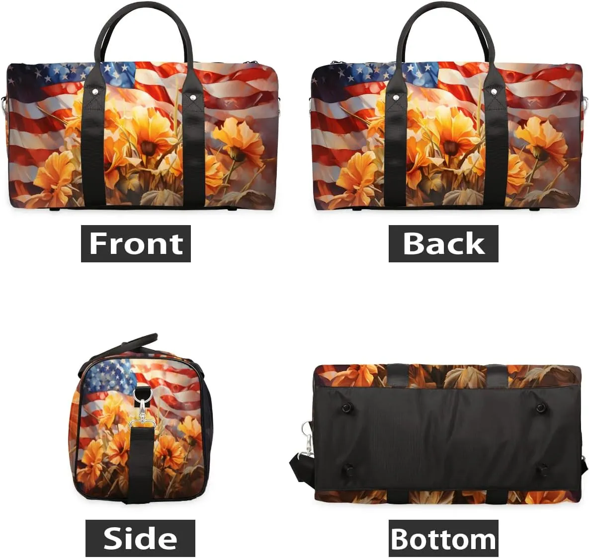 4th of July Flower Pattern Travel Duffel Bag for Women Men Waterproof Foldable Overnight Weekender Bag Large Capacity Sports Gym Bag