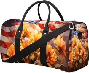 4th of July Flower Pattern Travel Duffel Bag for Women Men Waterproof Foldable Overnight Weekender Bag Large Capacity Sports Gym Bag