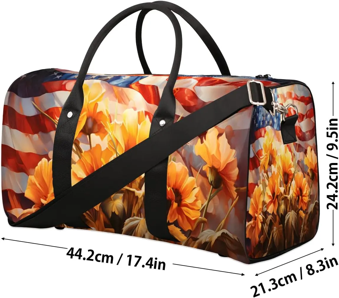 4th of July Flower Pattern Travel Duffel Bag for Women Men Waterproof Foldable Overnight Weekender Bag Large Capacity Sports Gym Bag