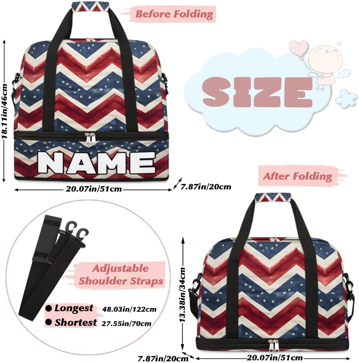 4th of July Memorial Day Custom Foldable Duffle Bag with Shoes Compartment Personalized Large Capacity Waterproof Travel Weekender Bag Overnight Bag for Sports Gym