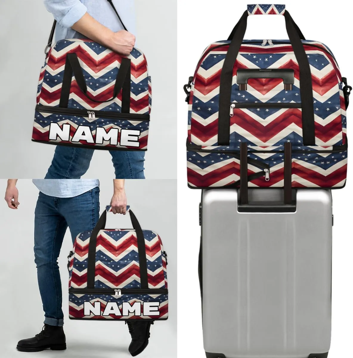 4th of July Memorial Day Custom Foldable Duffle Bag with Shoes Compartment Personalized Large Capacity Waterproof Travel Weekender Bag Overnight Bag for Sports Gym