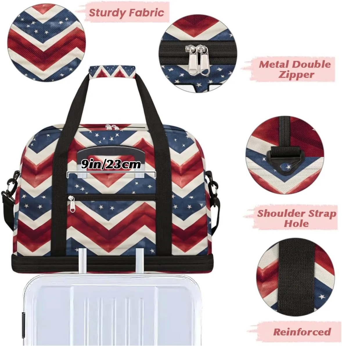 4th of July Memorial Day Custom Foldable Duffle Bag with Shoes Compartment Personalized Large Capacity Waterproof Travel Weekender Bag Overnight Bag for Sports Gym