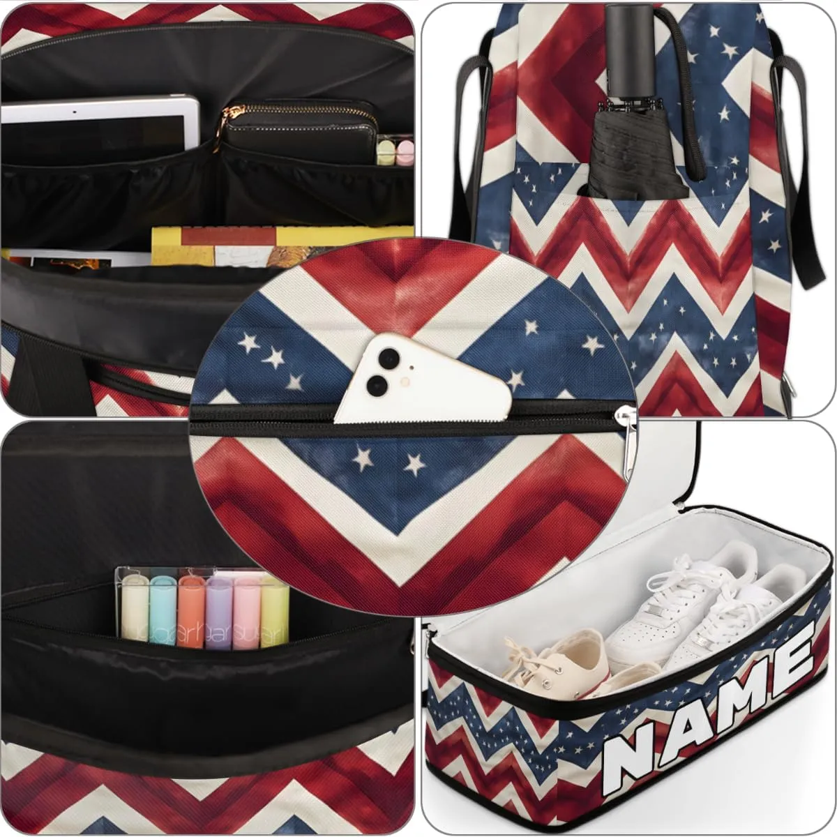 4th of July Memorial Day Custom Foldable Duffle Bag with Shoes Compartment Personalized Large Capacity Waterproof Travel Weekender Bag Overnight Bag for Sports Gym