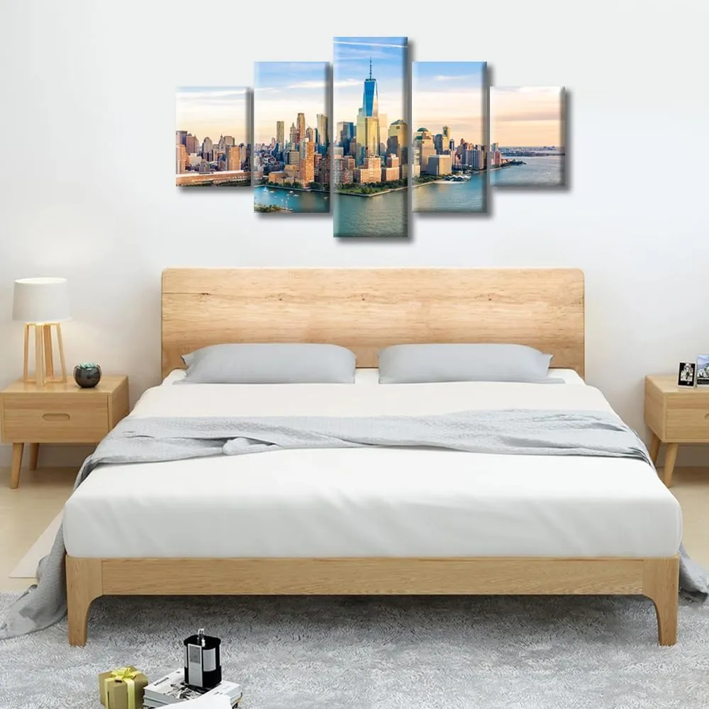 5 Pieces US City Skylines Wall Art Manhattan Skyline at Sunset Wall Decor Hudson River Landscape Decorations Canvas Prints Pictures Modern Living Room Bedroom Office Home Decor Artwork (60"Wx32"H)