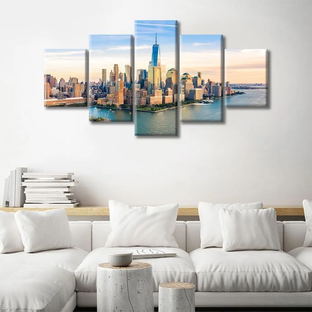5 Pieces US City Skylines Wall Art Manhattan Skyline at Sunset Wall Decor Hudson River Landscape Decorations Canvas Prints Pictures Modern Living Room Bedroom Office Home Decor Artwork (60"Wx32"H)