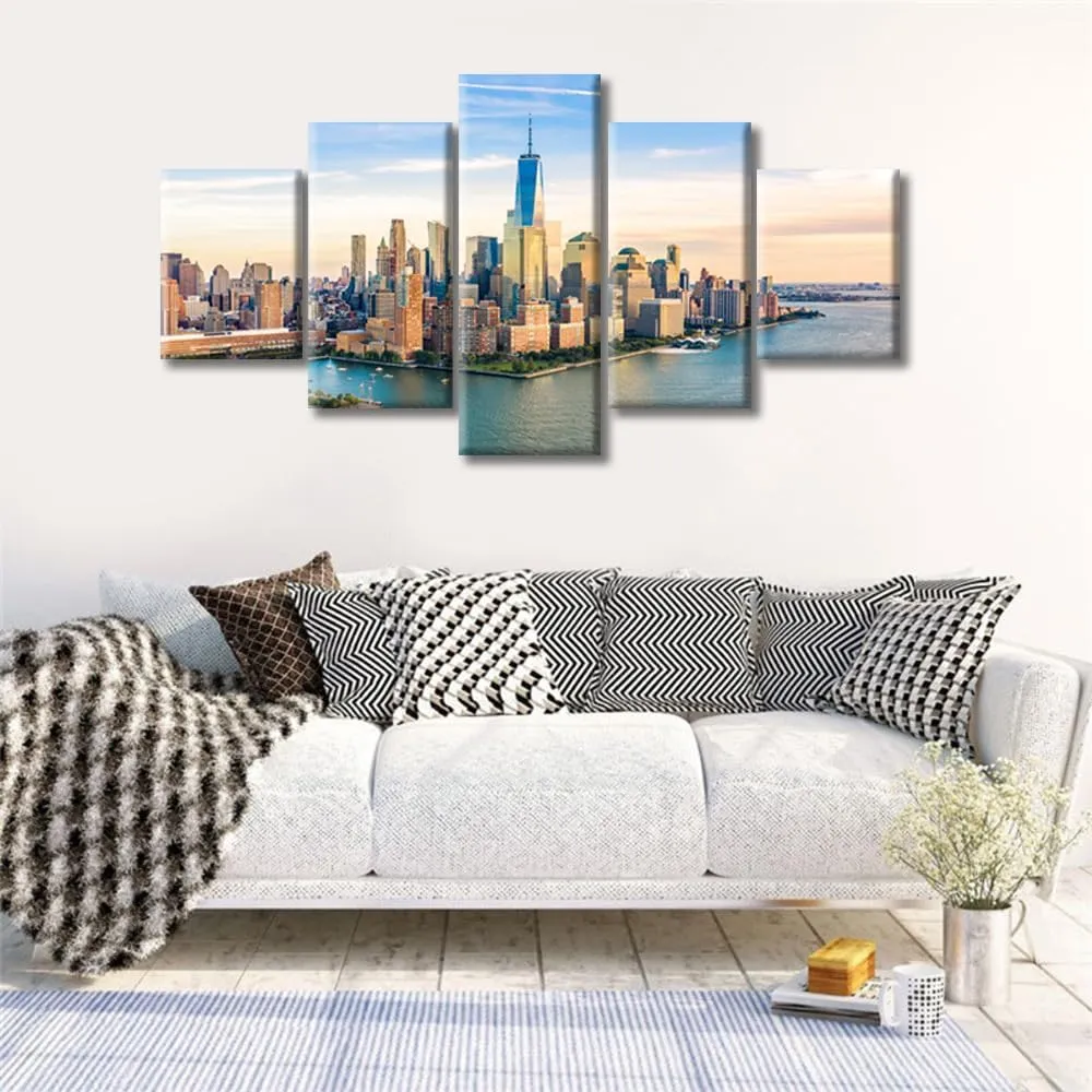 5 Pieces US City Skylines Wall Art Manhattan Skyline at Sunset Wall Decor Hudson River Landscape Decorations Canvas Prints Pictures Modern Living Room Bedroom Office Home Decor Artwork (60"Wx32"H)