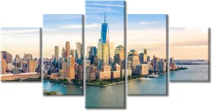 5 Pieces US City Skylines Wall Art Manhattan Skyline at Sunset Wall Decor Hudson River Landscape Decorations Canvas Prints Pictures Modern Living Room Bedroom Office Home Decor Artwork (60"Wx32"H)