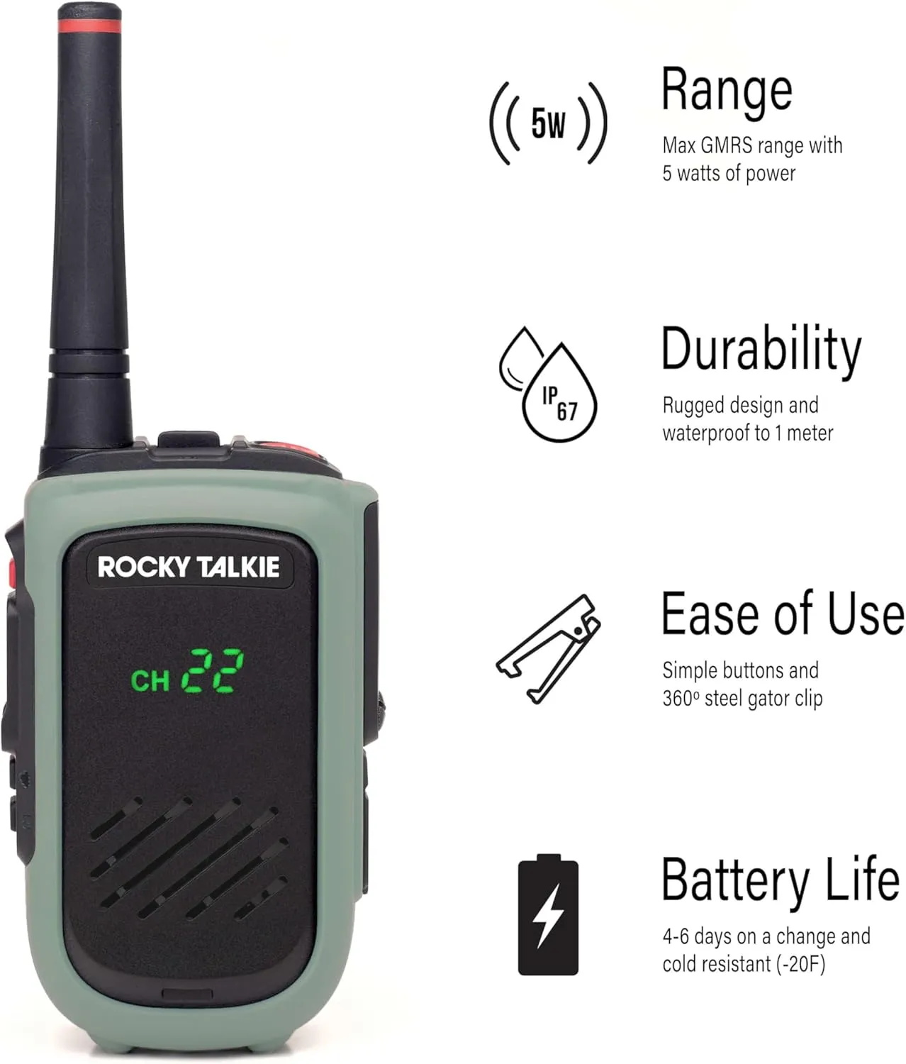 5 Watt Radio - GMRS Radio with IP67 Waterproofing, Long Range Walkie Talkie, NOAA Weather Alerts, 5 Day Battery Life,2 Pack
