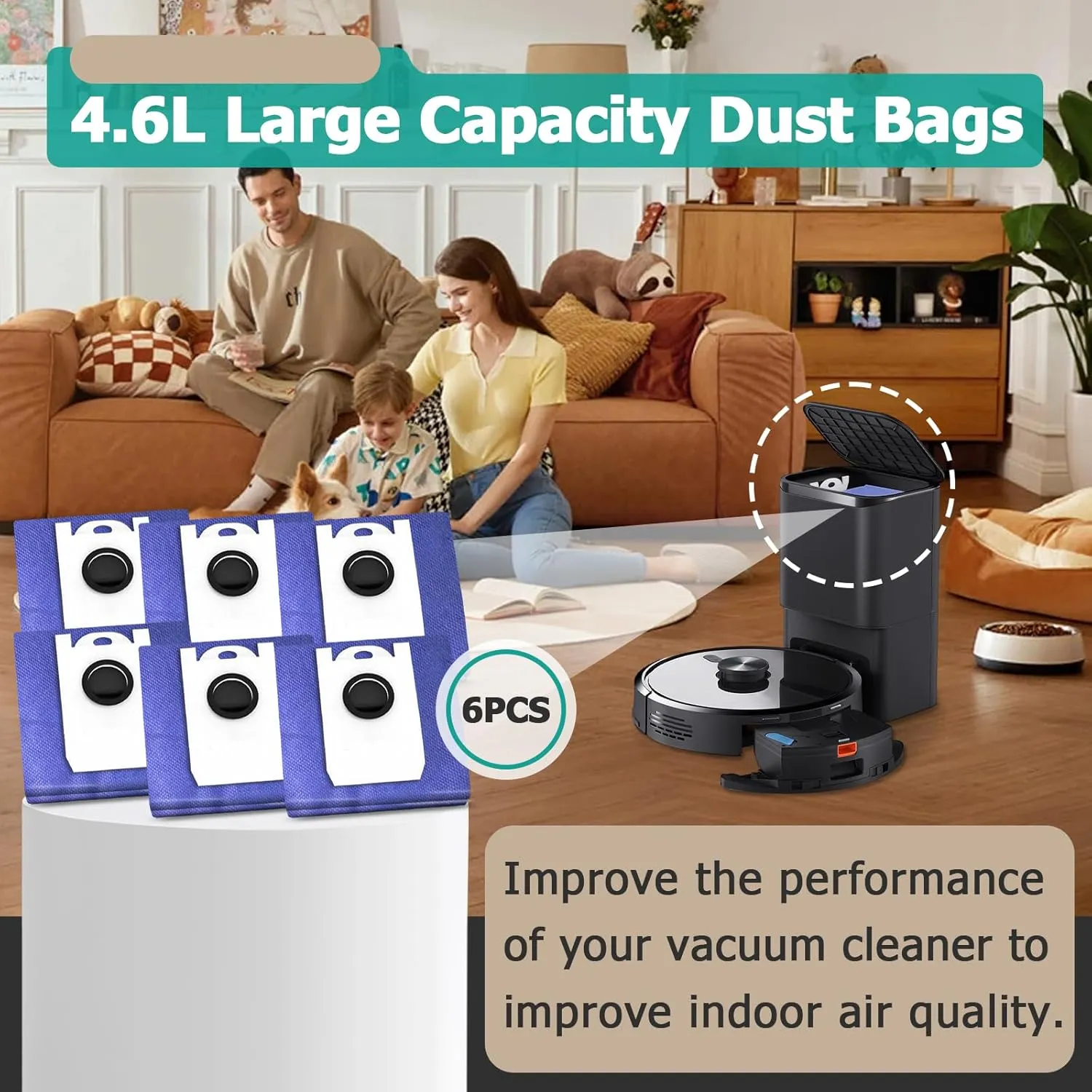 6 Pcs 4.6L Large Capacity Dust Bags Fits for RC400 Dustin, Orb-i Robot, Ultra-Vision Vacuum Cleaners, Reusable Replacement Parts Dust Bags
