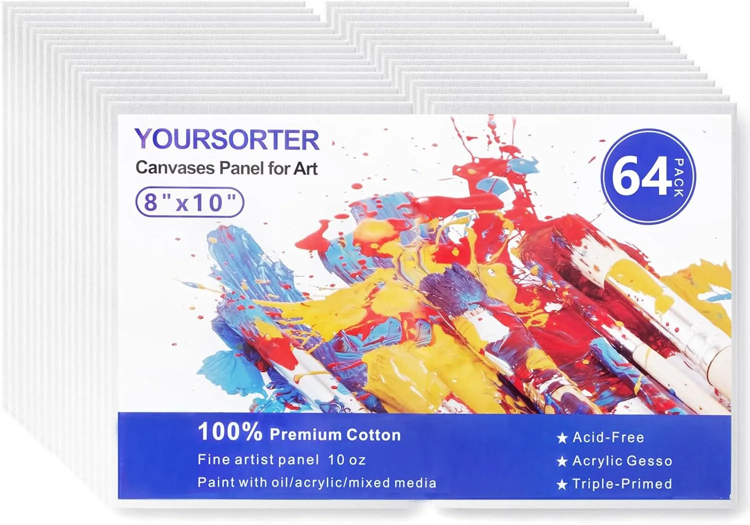 64 Pack 8x10 Inch Canvas Boards for Painting Bulk, Kids Art Novices Blank Painting Canvases, Gesso Primed Acid-Free 100% Cotton Canvas Panels for Acrylic Oil Watercolor Tempera Paint