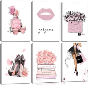 6Pcs Pink Fashion Women Wall Art Black High Heels Painting Pictures Female Makeup Room Prints Canvas Perfume Handbags Lipstick Posters Hot Pink Girly Room Decor Gift for Girls Framed