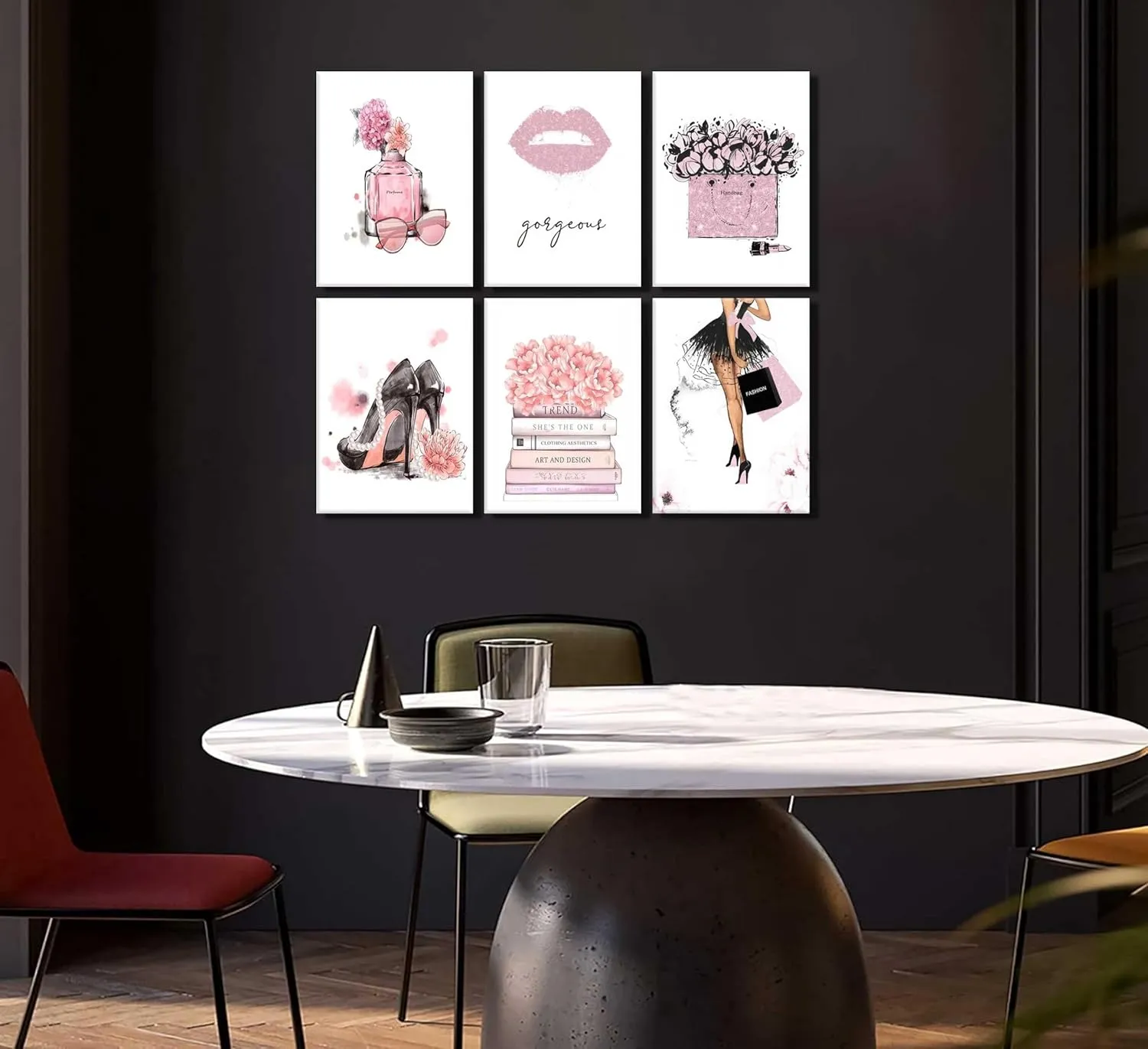6Pcs Pink Fashion Women Wall Art Black High Heels Painting Pictures Female Makeup Room Prints Canvas Perfume Handbags Lipstick Posters Hot Pink Girly Room Decor Gift for Girls Framed