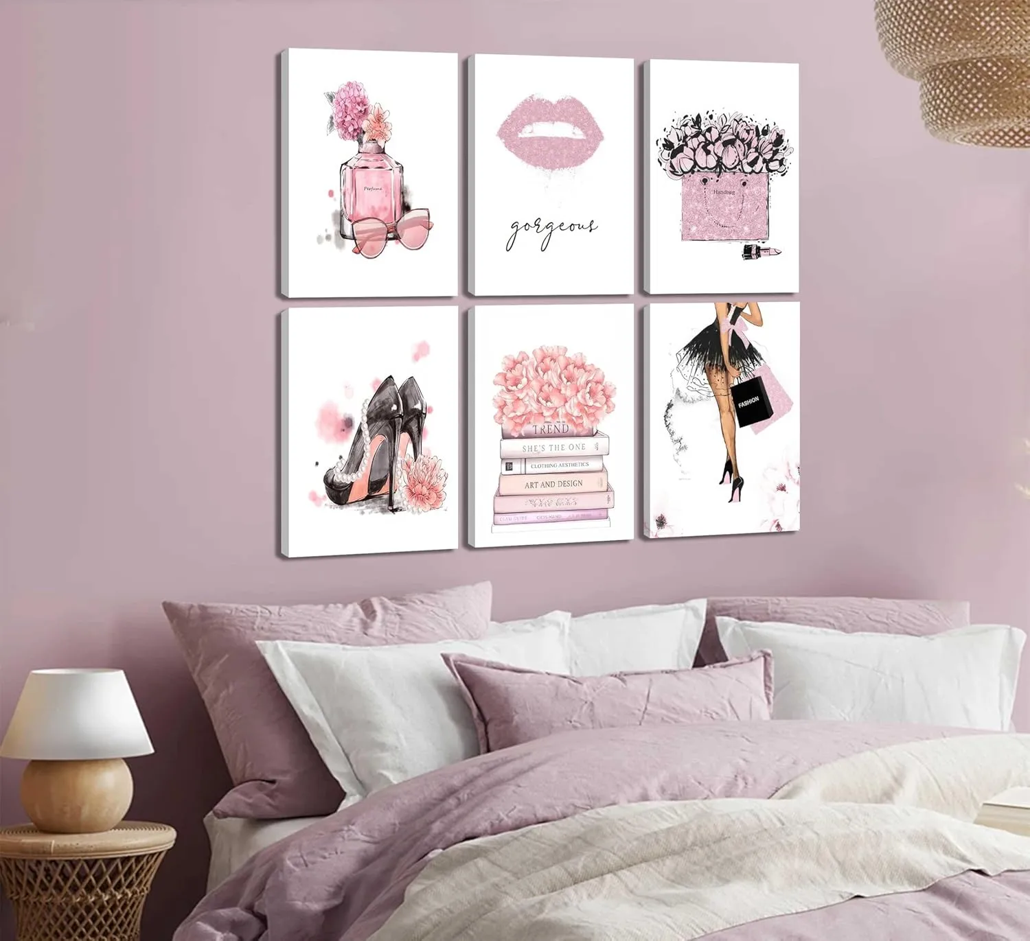 6Pcs Pink Fashion Women Wall Art Black High Heels Painting Pictures Female Makeup Room Prints Canvas Perfume Handbags Lipstick Posters Hot Pink Girly Room Decor Gift for Girls Framed