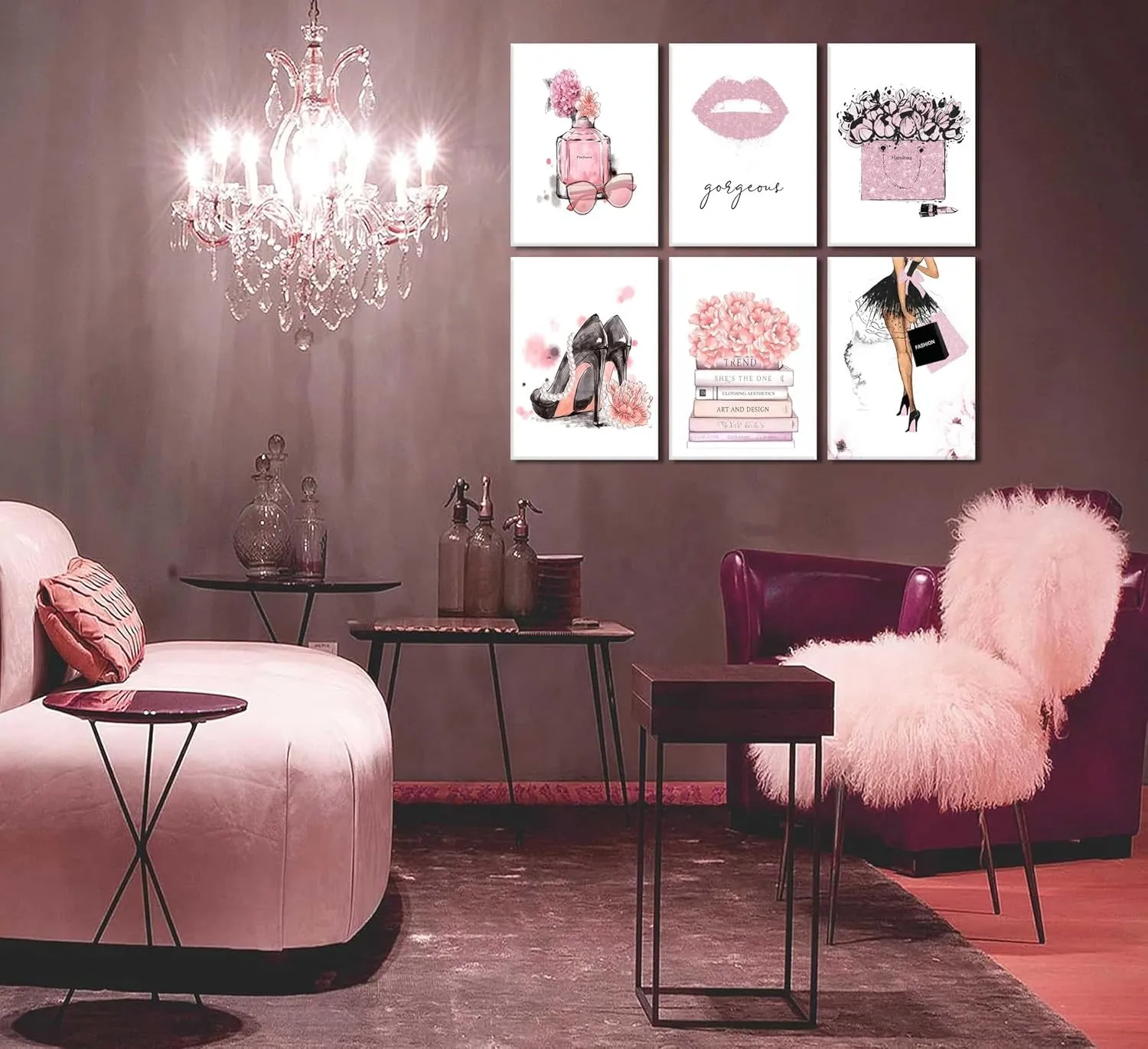 6Pcs Pink Fashion Women Wall Art Black High Heels Painting Pictures Female Makeup Room Prints Canvas Perfume Handbags Lipstick Posters Hot Pink Girly Room Decor Gift for Girls Framed