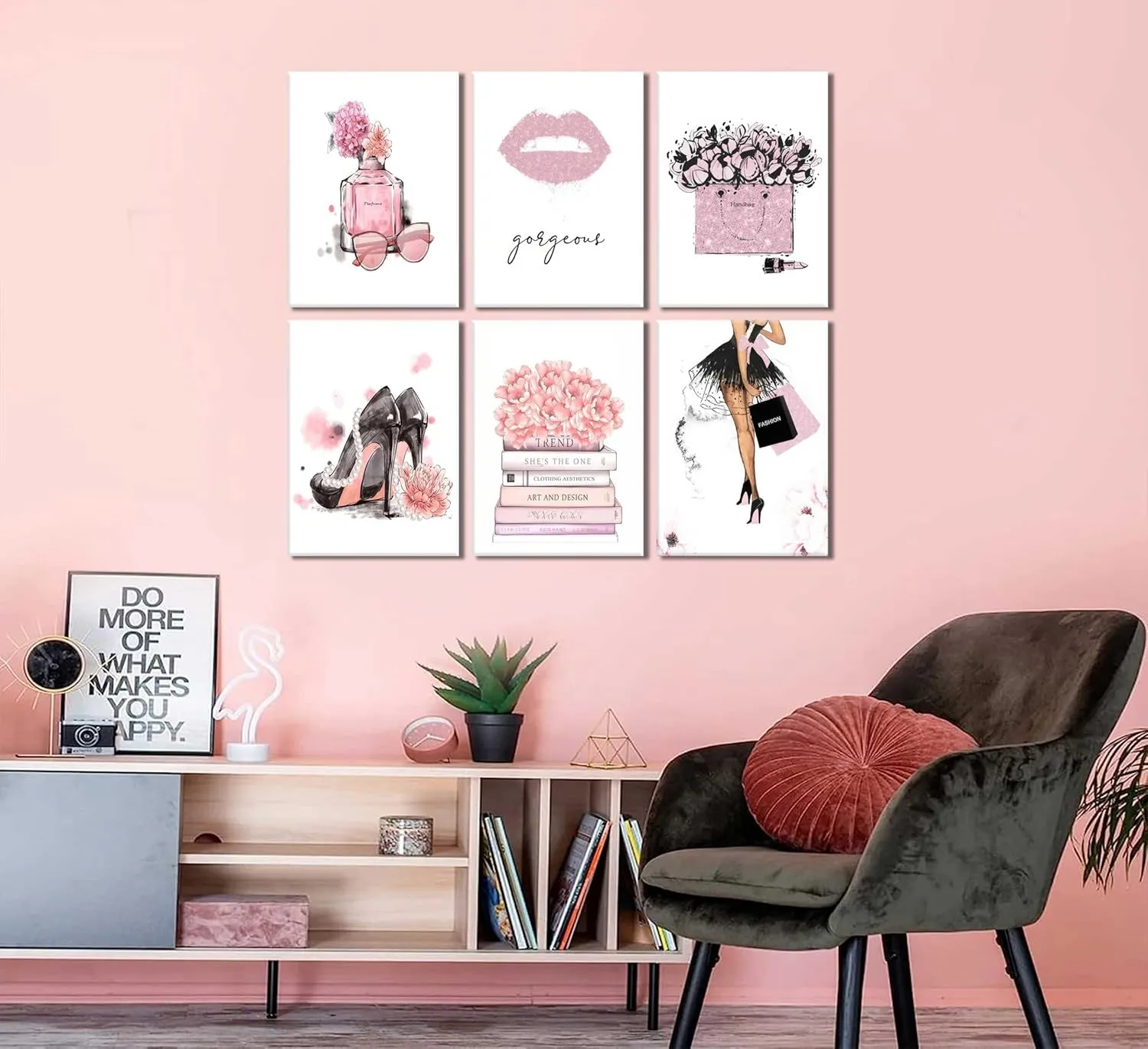 6Pcs Pink Fashion Women Wall Art Black High Heels Painting Pictures Female Makeup Room Prints Canvas Perfume Handbags Lipstick Posters Hot Pink Girly Room Decor Gift for Girls Framed