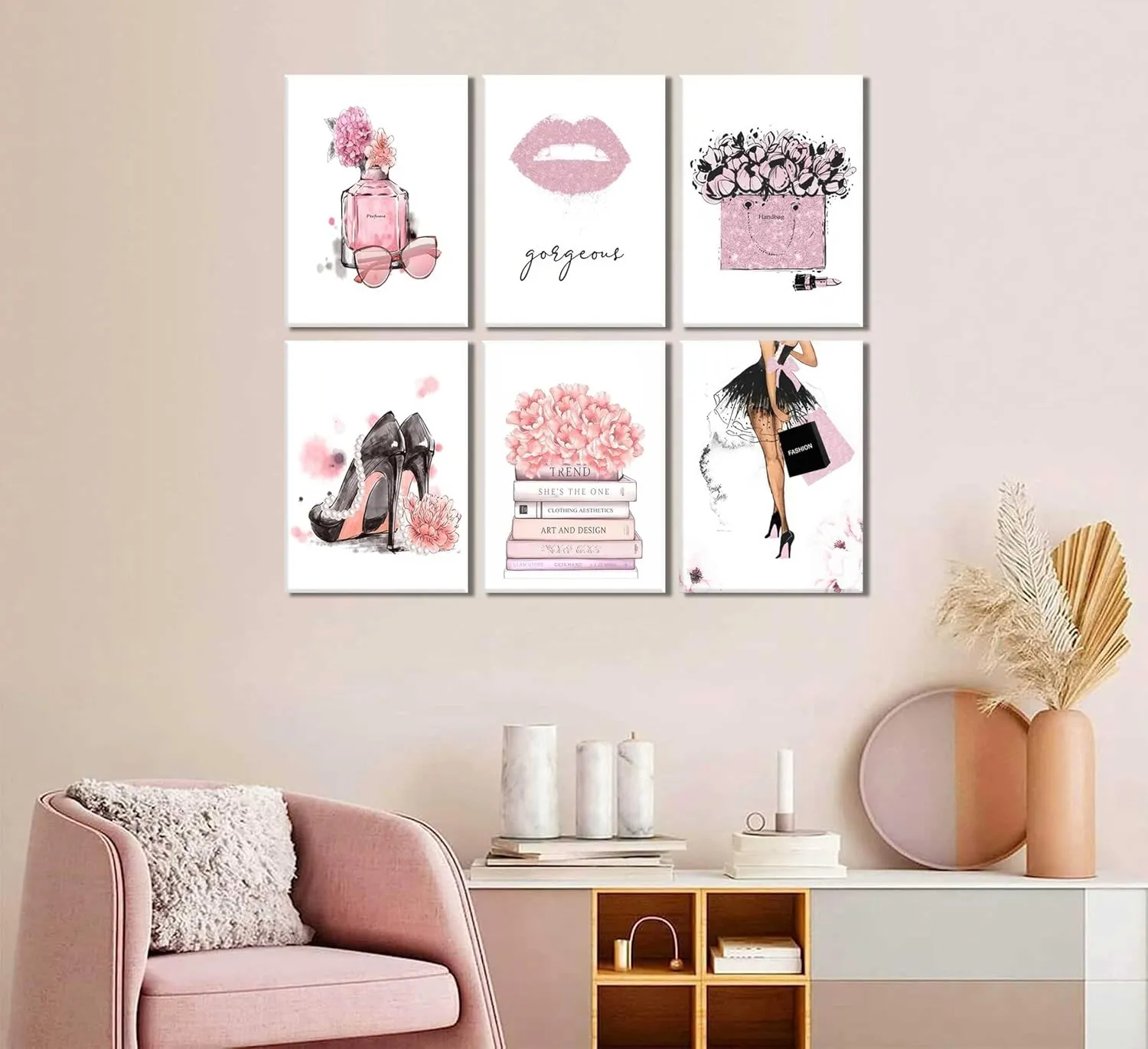 6Pcs Pink Fashion Women Wall Art Black High Heels Painting Pictures Female Makeup Room Prints Canvas Perfume Handbags Lipstick Posters Hot Pink Girly Room Decor Gift for Girls Framed