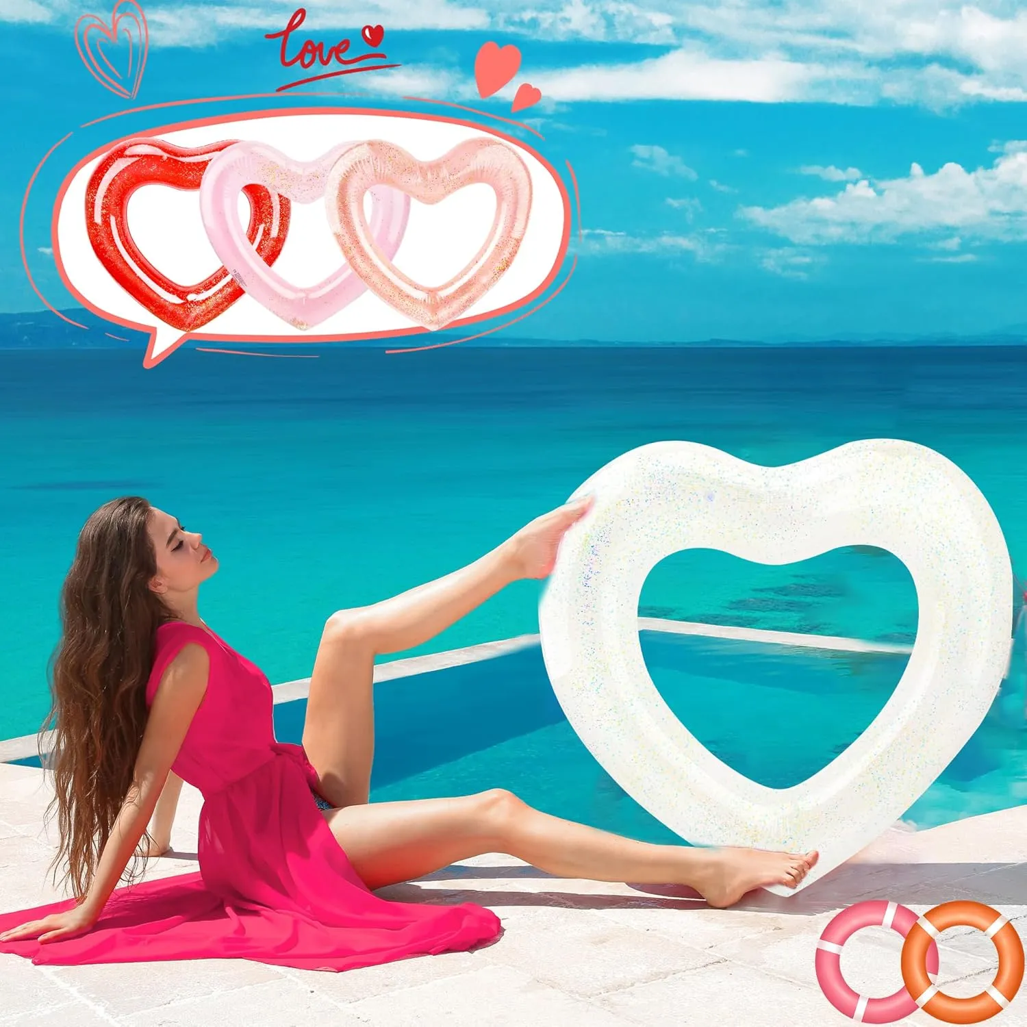 8 Pack 47.3 Inch Inflatable Heart Shaped Pool Float Inflatable Heart Shaped Swimming Ring Pool Heart Shaped Tube for Adult Summer Beach Pool Bachelor Party