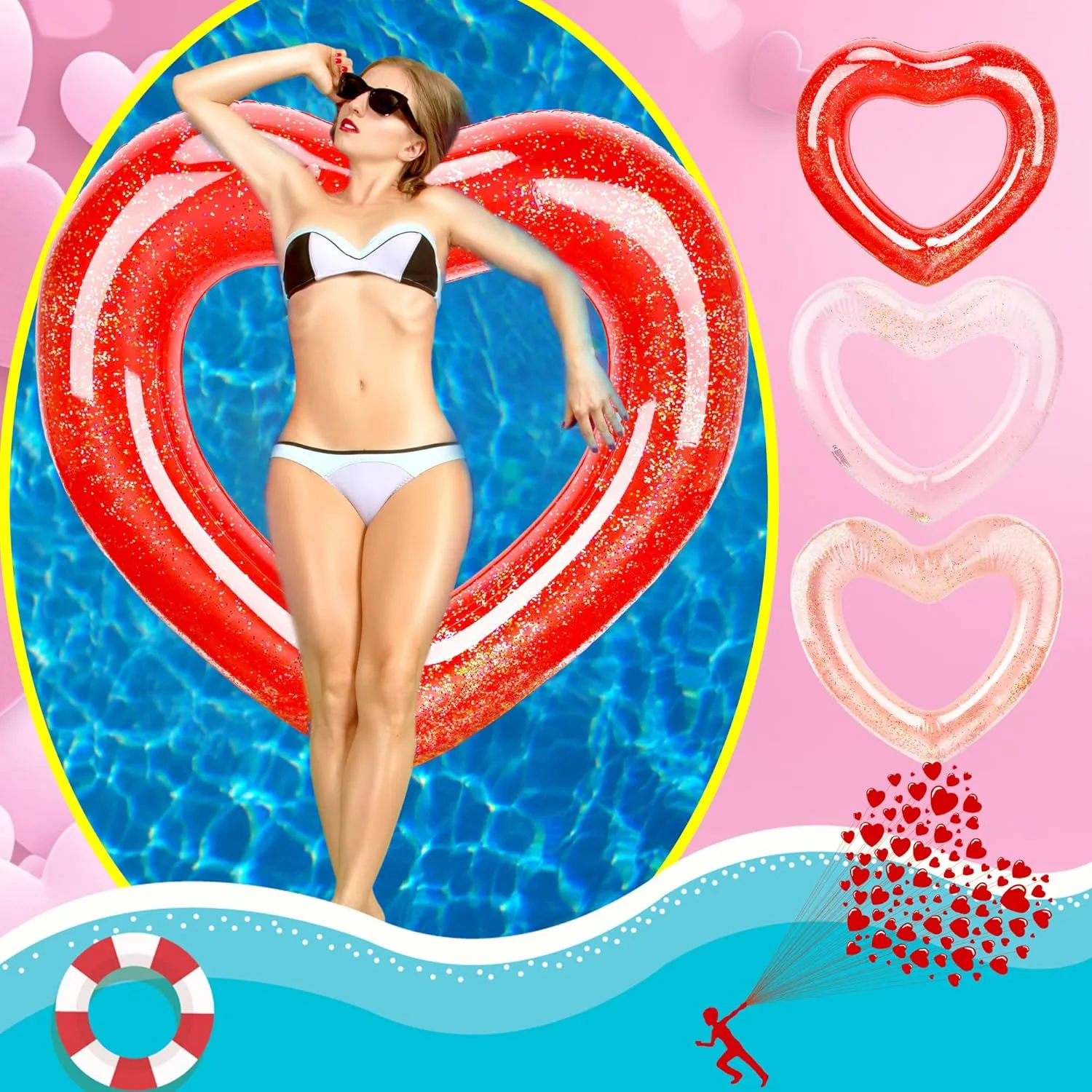 8 Pack 47.3 Inch Inflatable Heart Shaped Pool Float Inflatable Heart Shaped Swimming Ring Pool Heart Shaped Tube for Adult Summer Beach Pool Bachelor Party