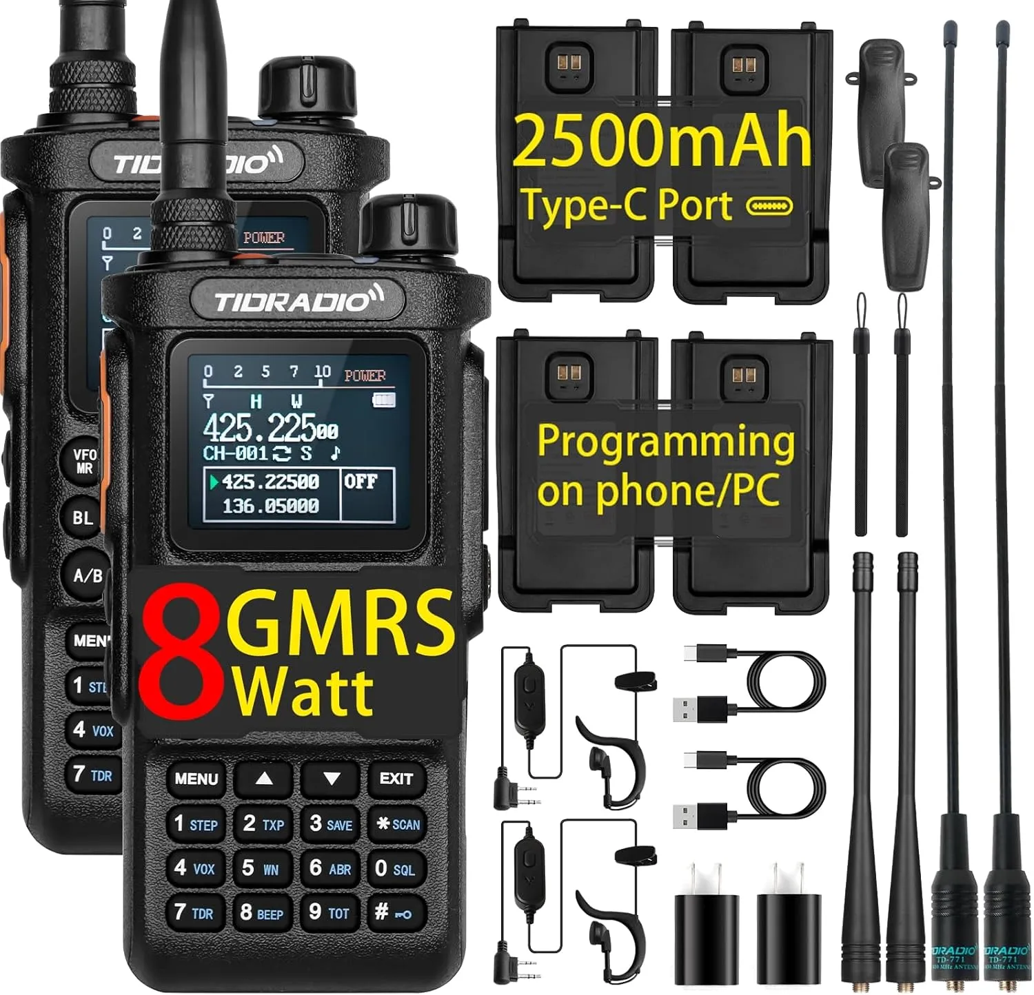 8 Watt TD-H8 GMRS Handheld Radio(2nd Gen) with 4PCS Batteries, 771 Long Antenna & Earpiece - Bluetooth Programming, Repeater Capable, Dual Band Long Range Two Way Radios - 2Pack Full Kit